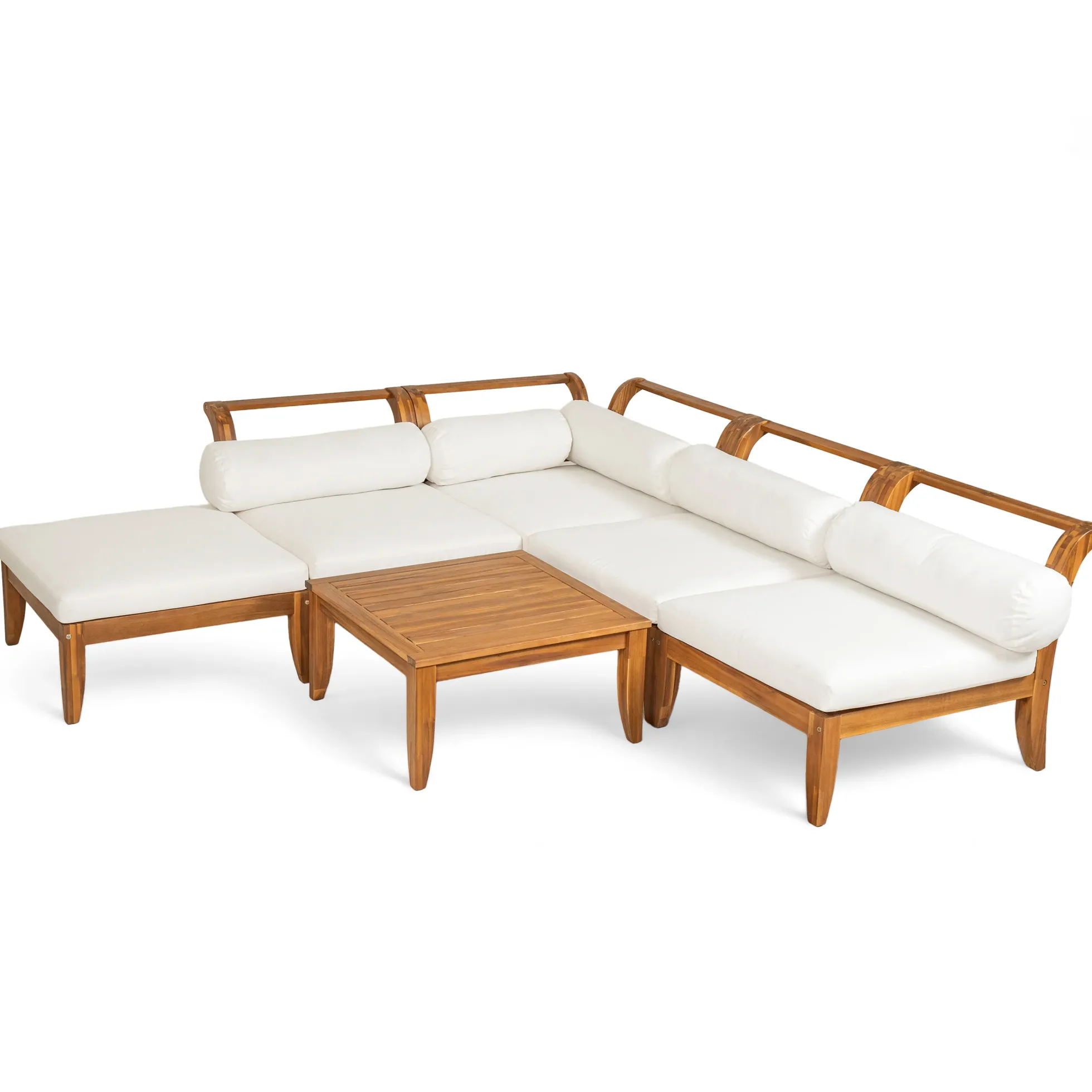 Walker Edison | Acacia Wood Outdoor Modular 6 Piece Sectional Sofa Set