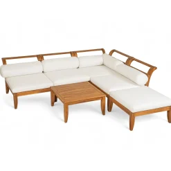 Walker Edison | Acacia Wood Outdoor Modular 6 Piece Sectional Sofa Set