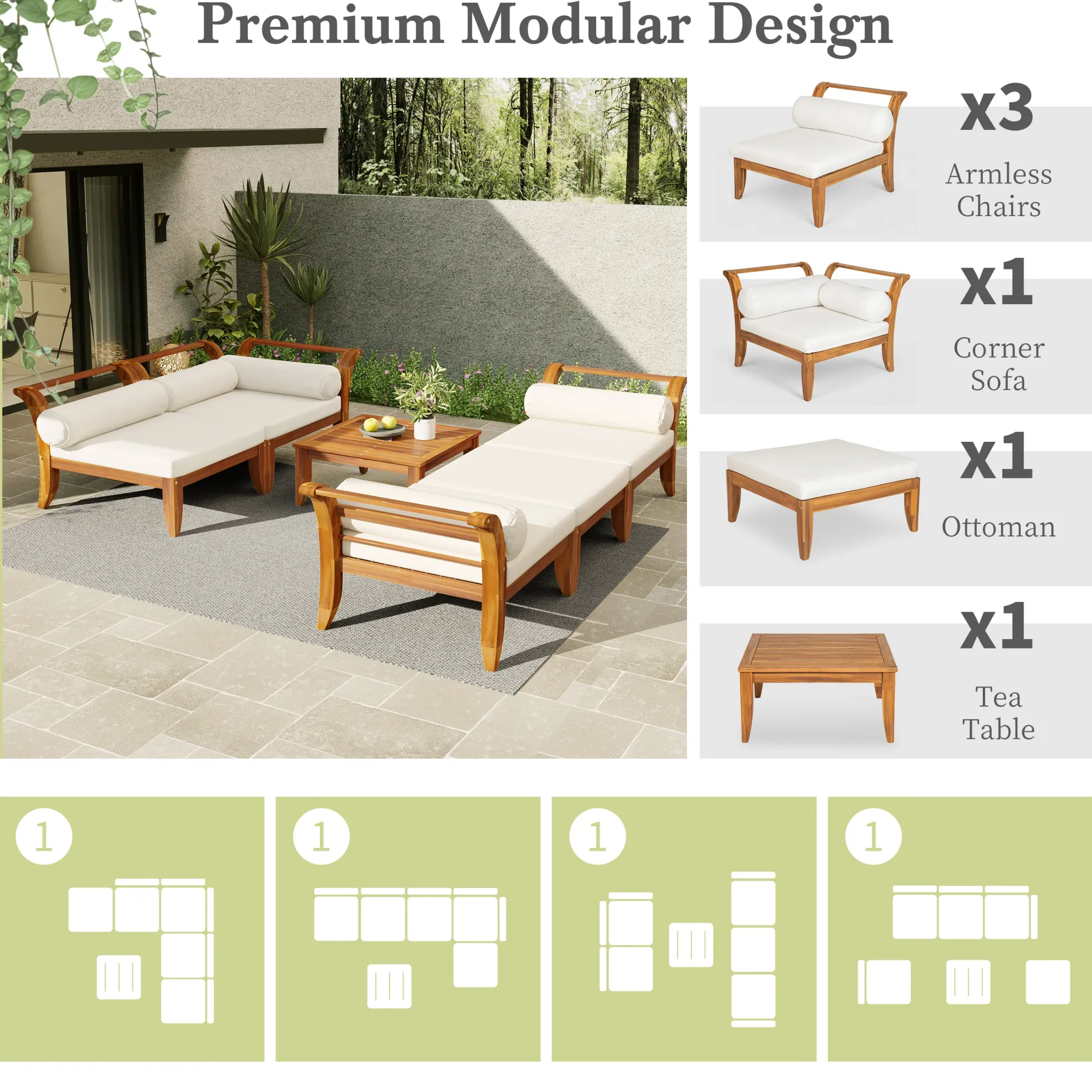 Walker Edison | Acacia Wood Outdoor Modular 6 Piece Sectional Sofa Set