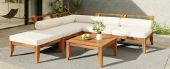 Walker Edison | Acacia Wood Outdoor Modular 6 Piece Sectional Sofa Set