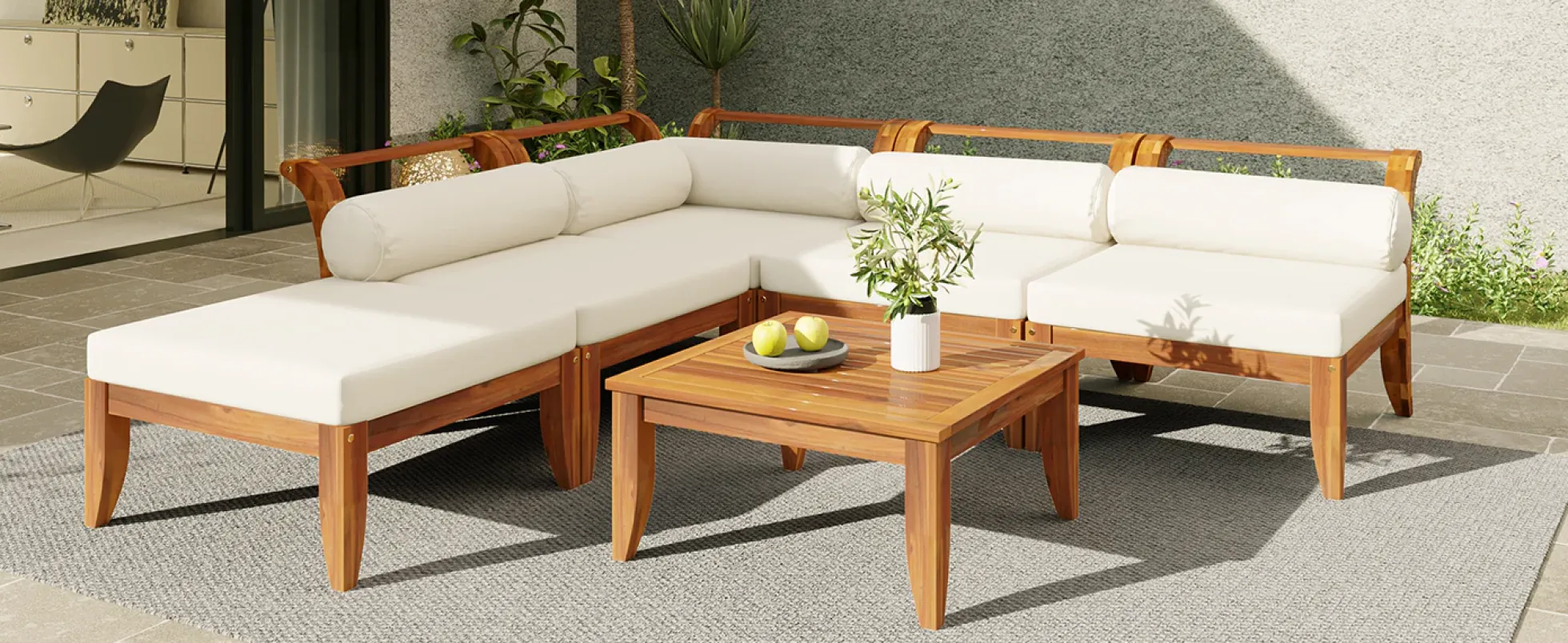Walker Edison | Acacia Wood Outdoor Modular 6 Piece Sectional Sofa Set
