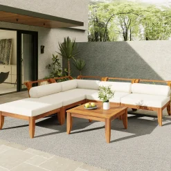 Walker Edison | Acacia Wood Outdoor Modular 6 Piece Sectional Sofa Set