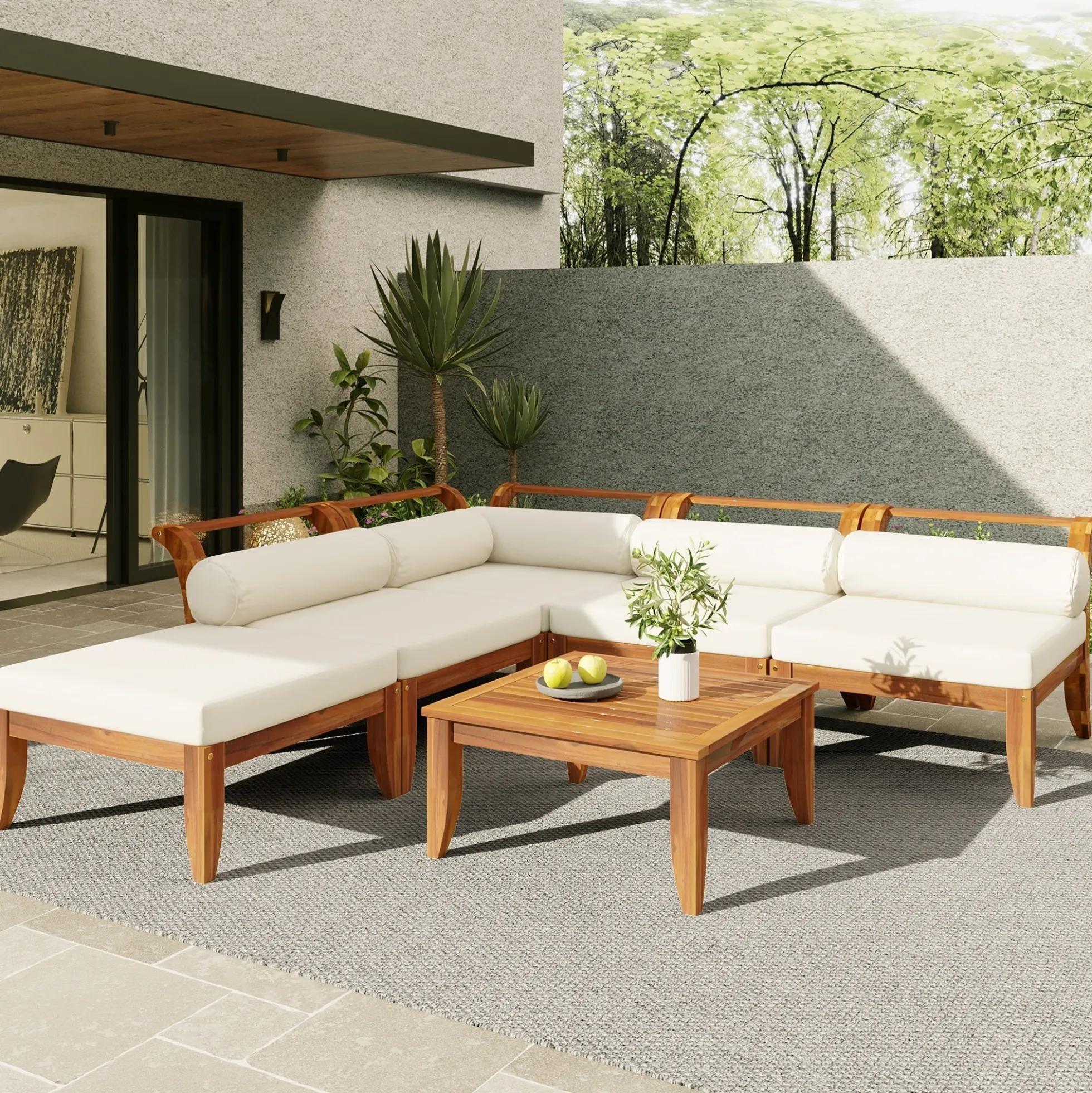 Walker Edison | Acacia Wood Outdoor Modular 6 Piece Sectional Sofa Set