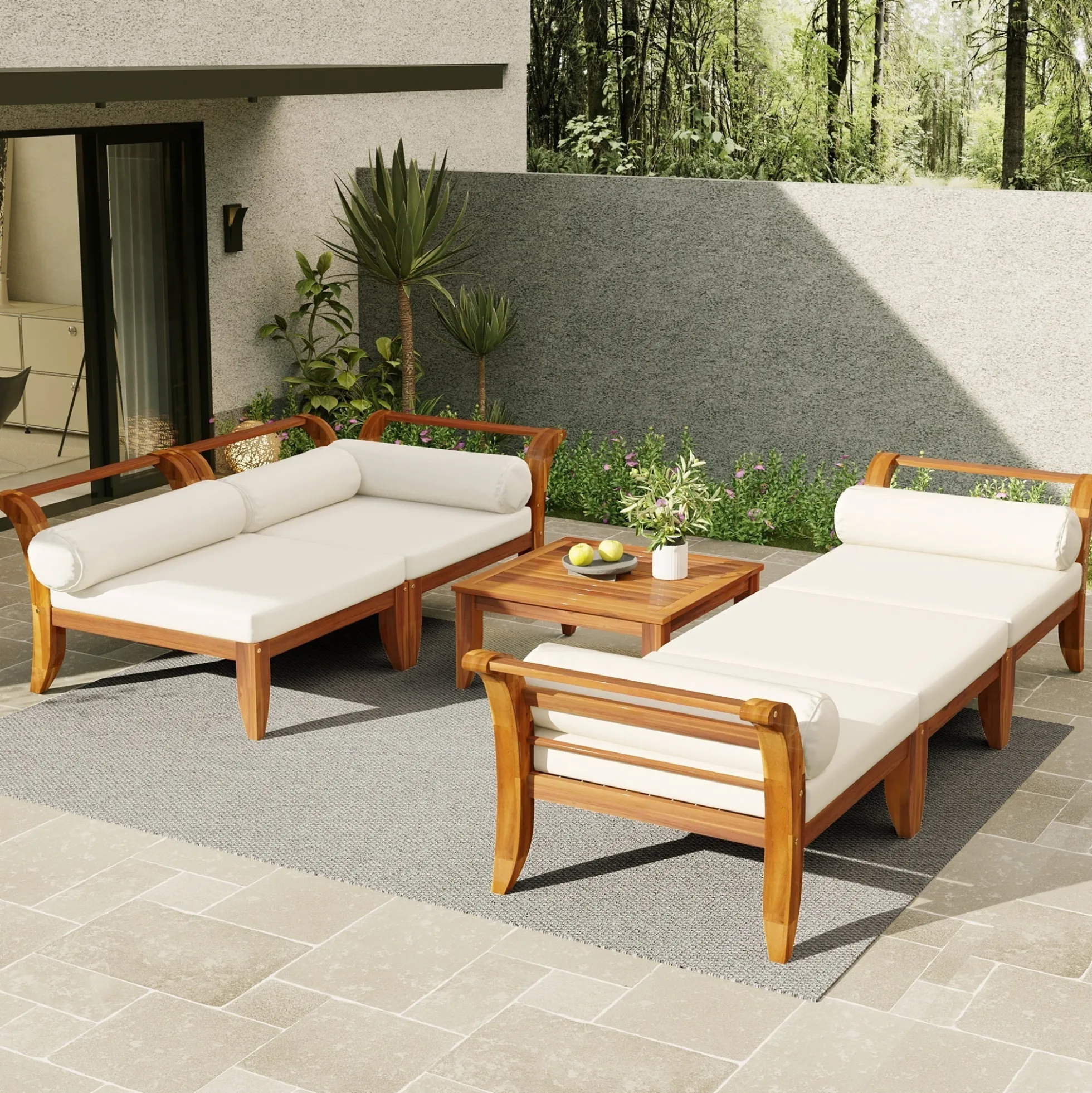 Walker Edison | Acacia Wood Outdoor Modular 6 Piece Sectional Sofa Set