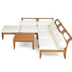 Walker Edison | Acacia Wood Outdoor Modular 6 Piece Sectional Sofa Set