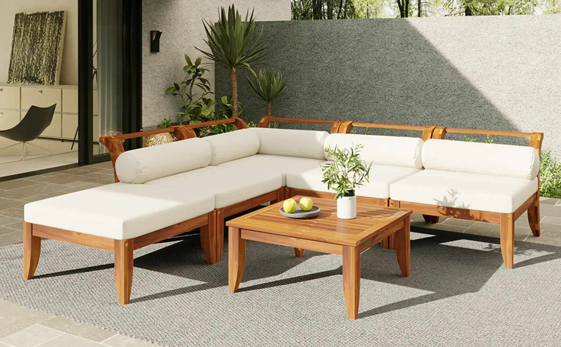 Walker Edison | Acacia Wood Outdoor Modular 6 Piece Sectional Sofa Set