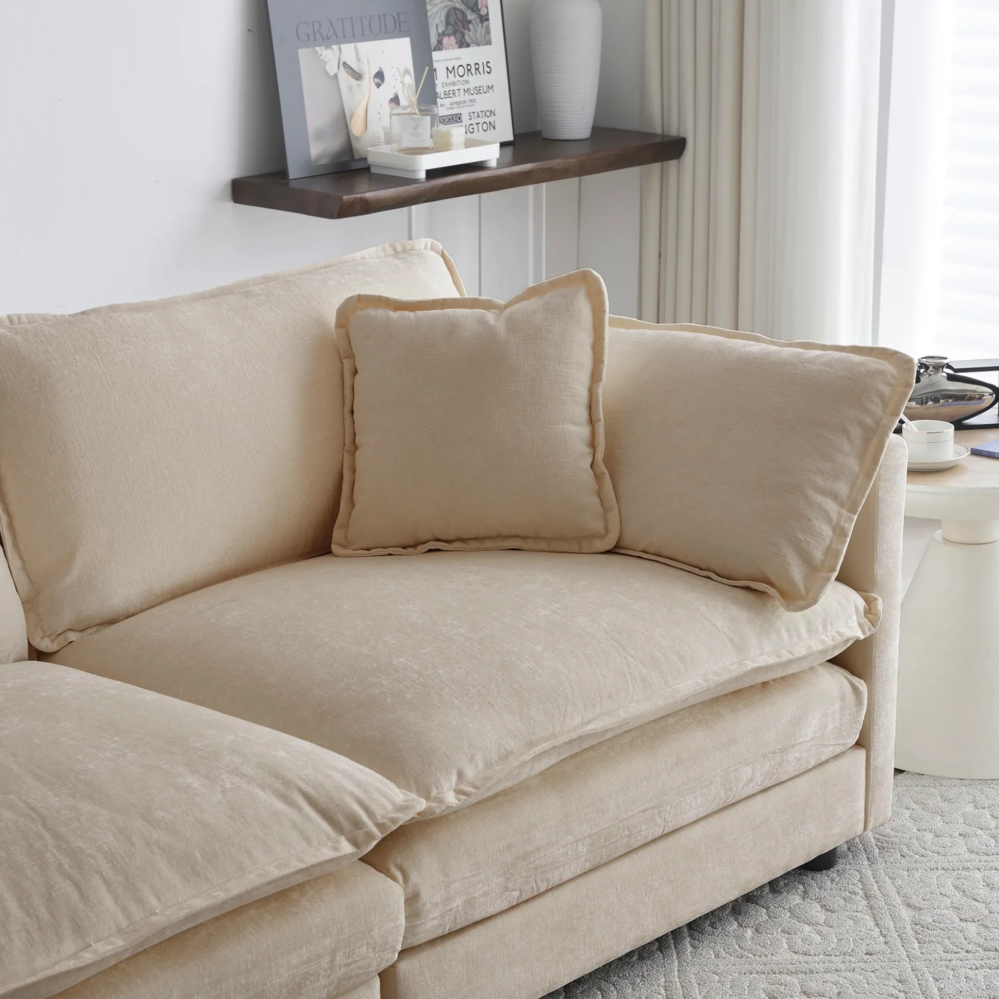 Walker Edison | Beige Chenille Cloud Accent Chair with Ottoman Set
