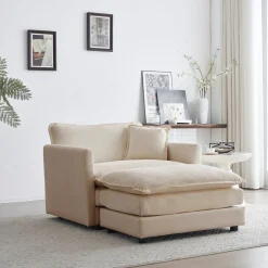 Walker Edison | Beige Chenille Cloud Accent Chair with Ottoman Set
