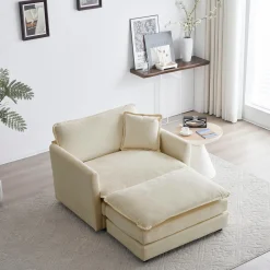 Walker Edison | Beige Chenille Cloud Accent Chair with Ottoman Set