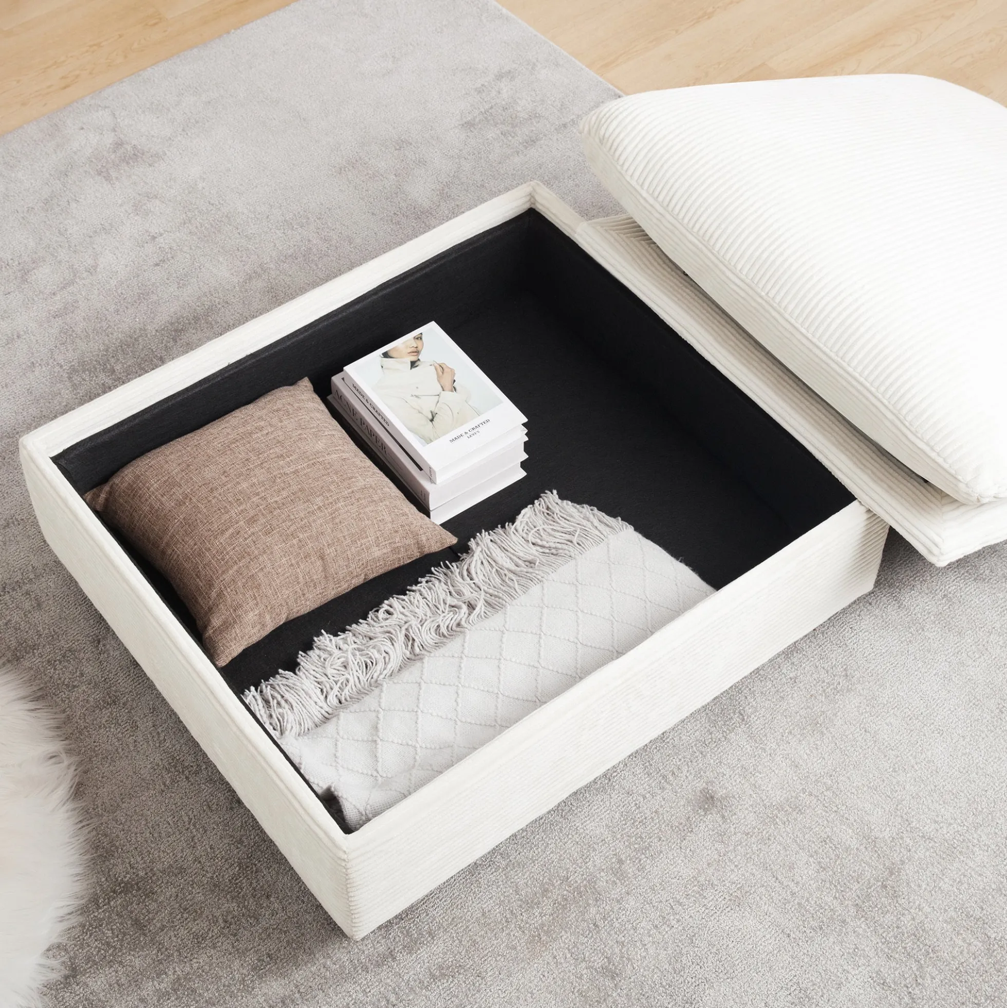 Walker Edison | Beige Corduroy Cloud Modular Loveseat with Storage Ottoman