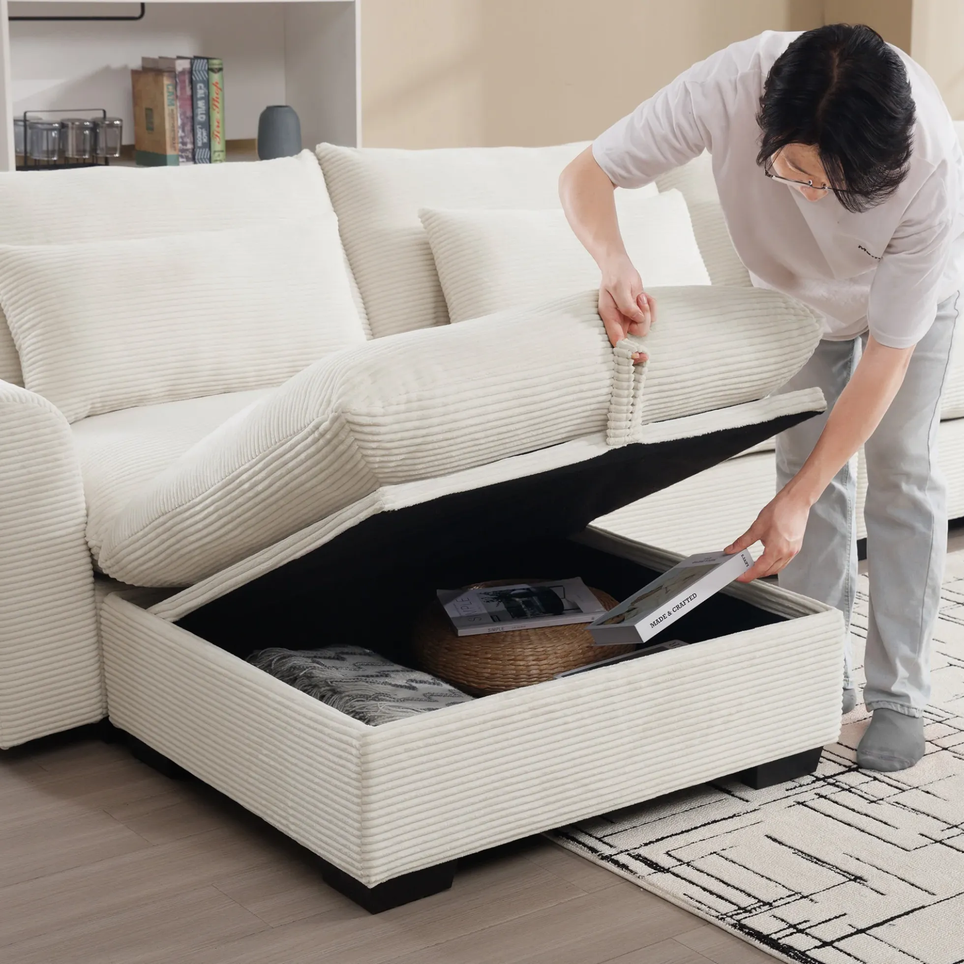 Walker Edison | Beige Corduroy Cloud Modular Loveseat with Storage Ottoman