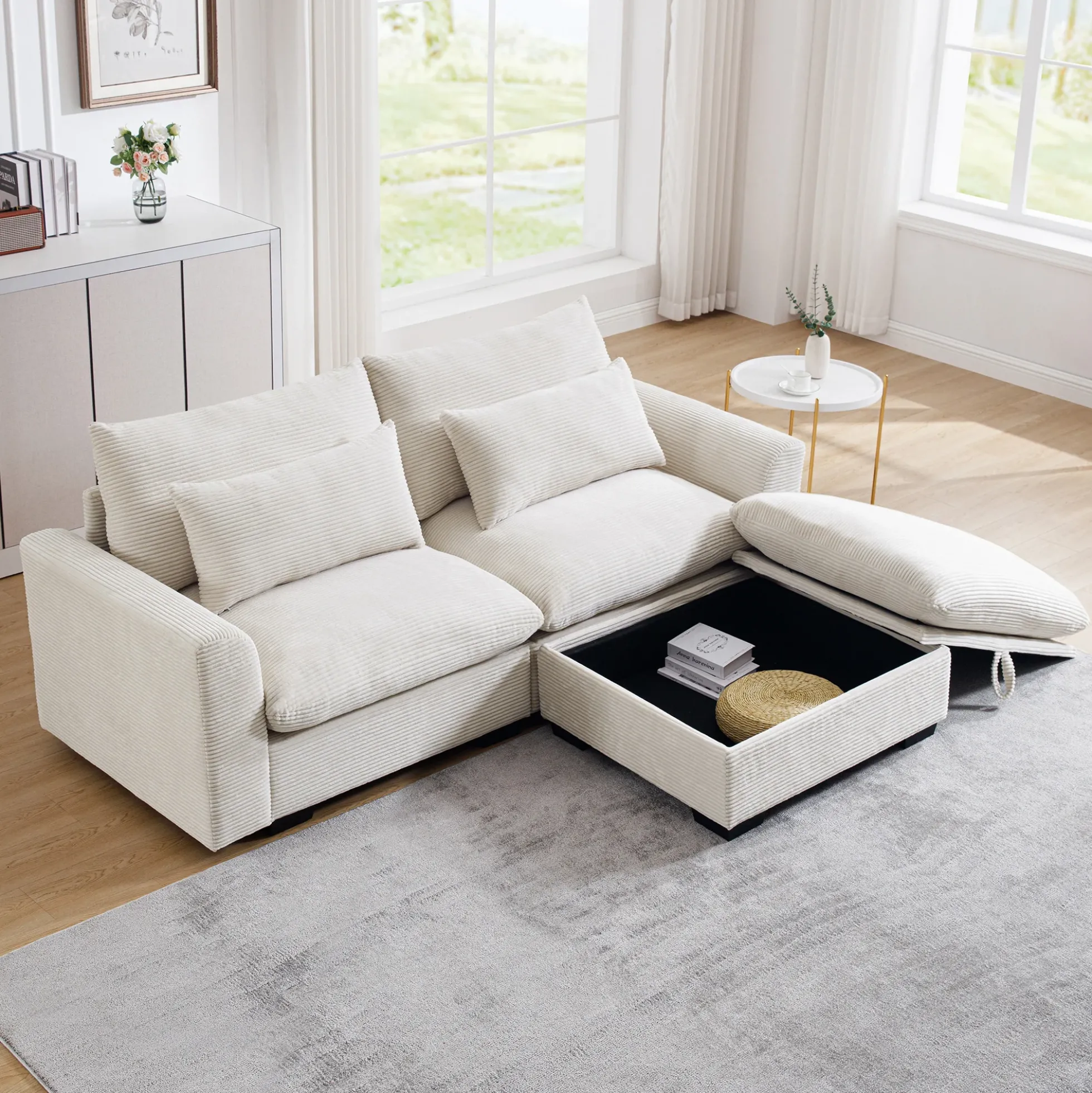 Walker Edison | Beige Corduroy Cloud Modular Loveseat with Storage Ottoman