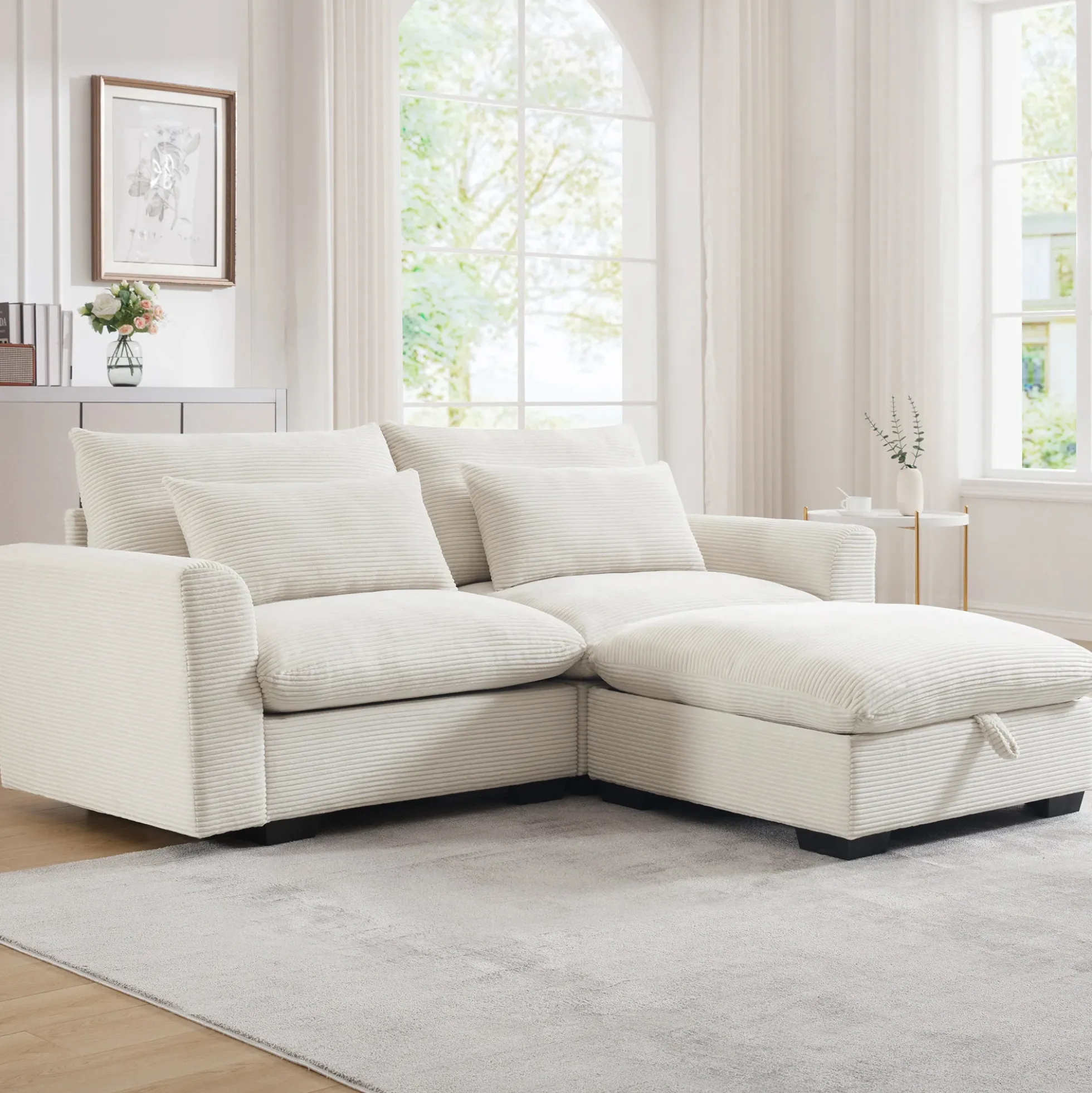 Walker Edison | Beige Corduroy Cloud Modular Loveseat with Storage Ottoman