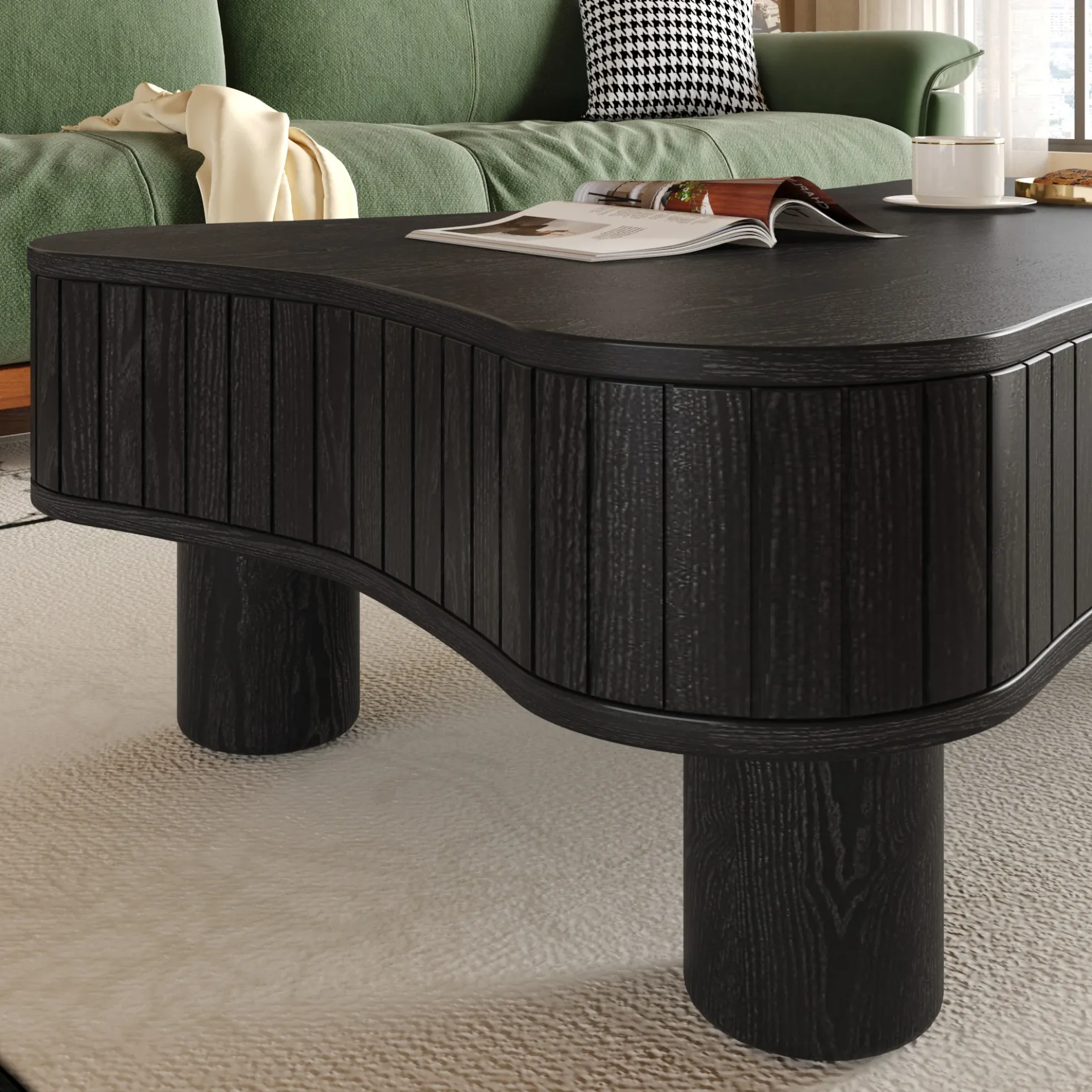 Walker Edison | Black Reeded Curve Design Lift Top Coffee Table and Desk