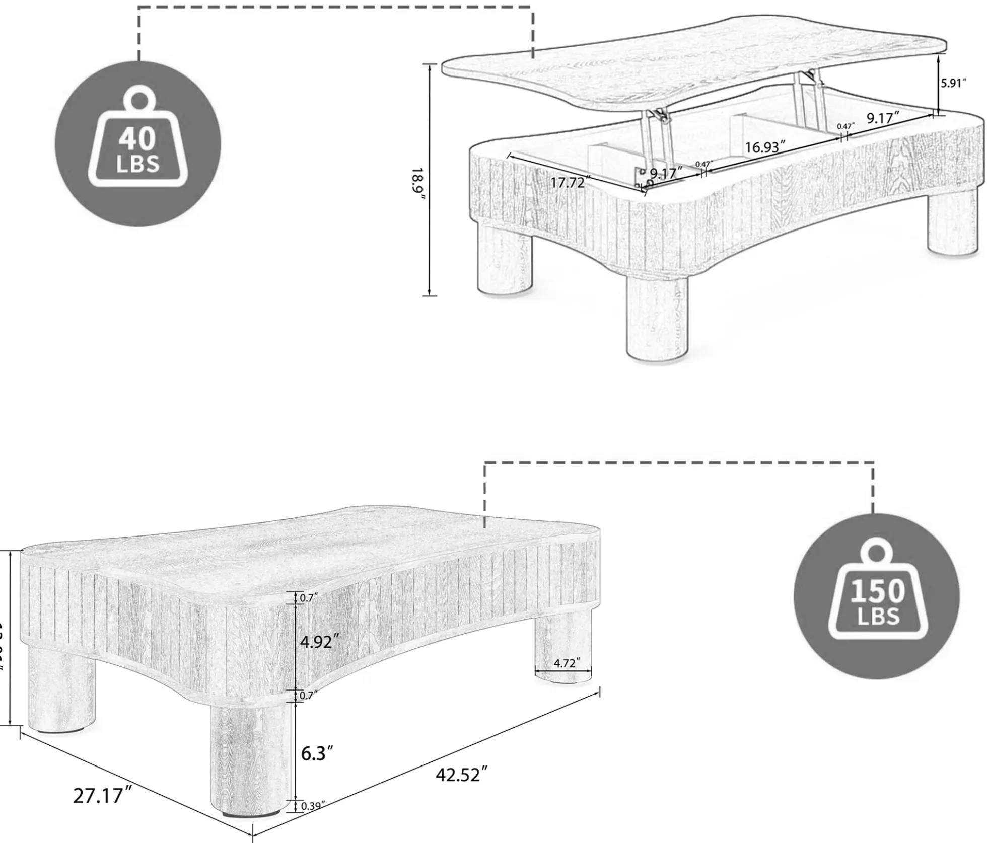 Walker Edison | Black Reeded Curve Design Lift Top Coffee Table and Desk