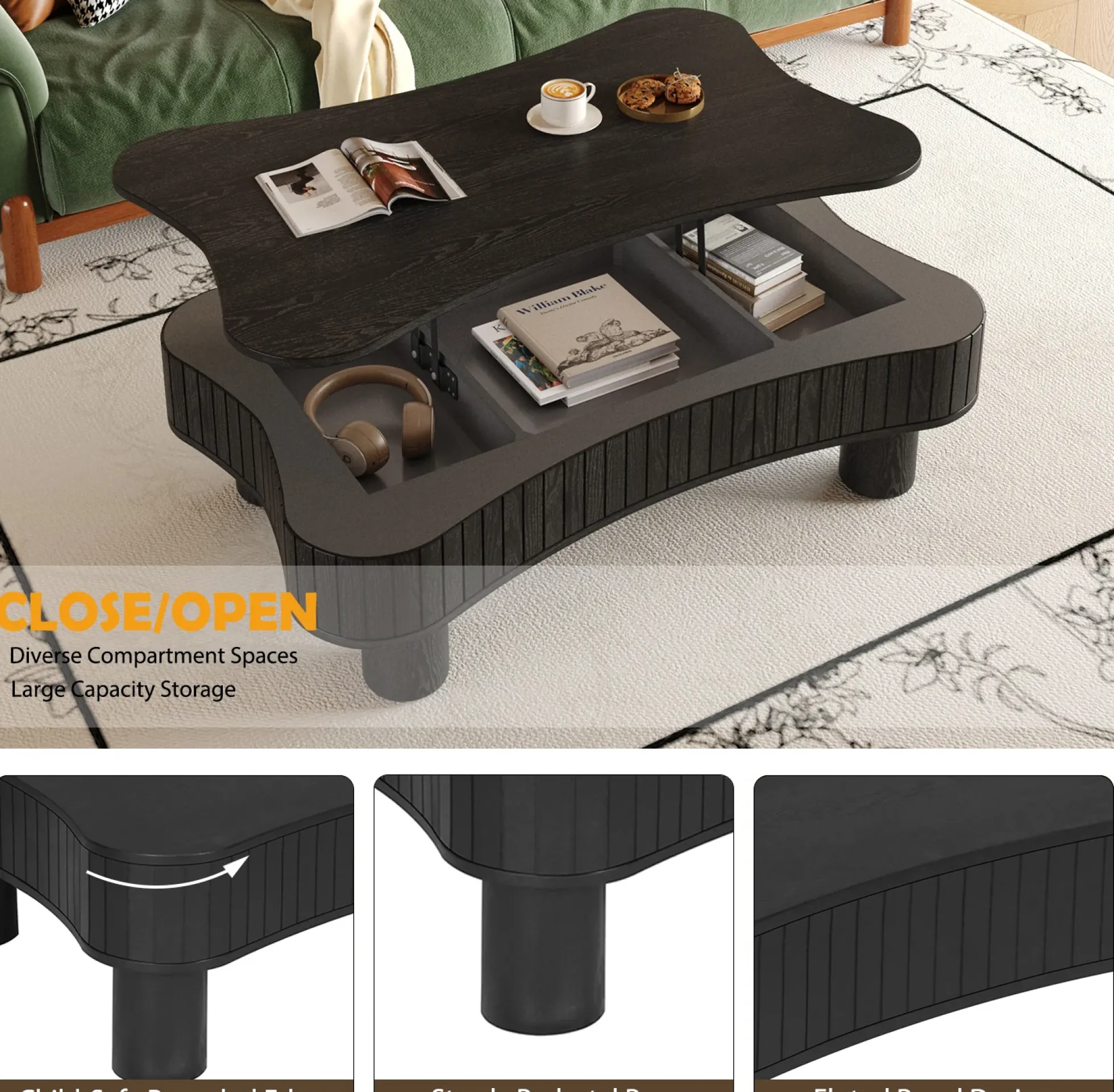 Walker Edison | Black Reeded Curve Design Lift Top Coffee Table and Desk