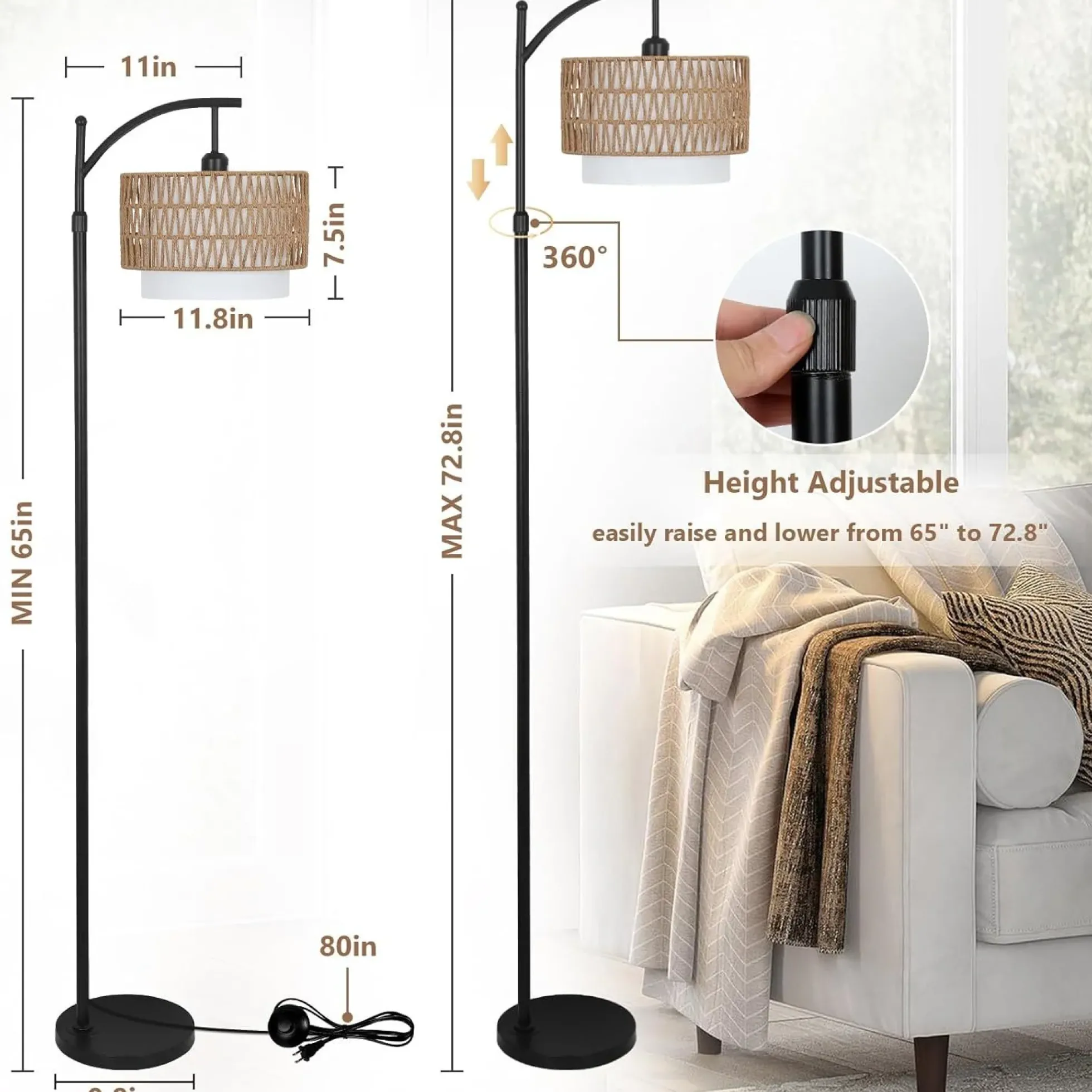 Walker Edison | Boho Arc Floor Lamp for Living Room with 3 Color Temperatures