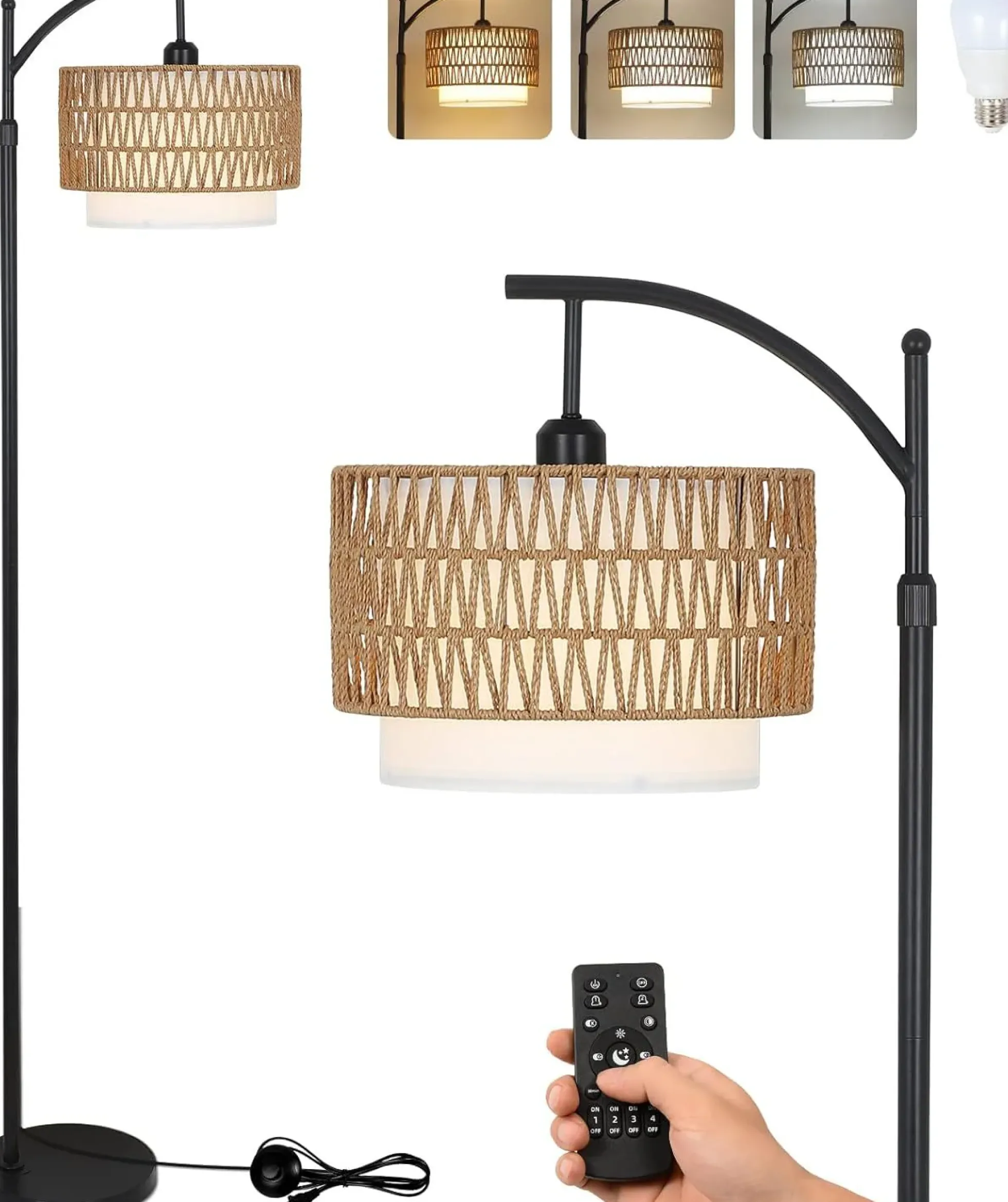Walker Edison | Boho Arc Floor Lamp for Living Room with 3 Color Temperatures