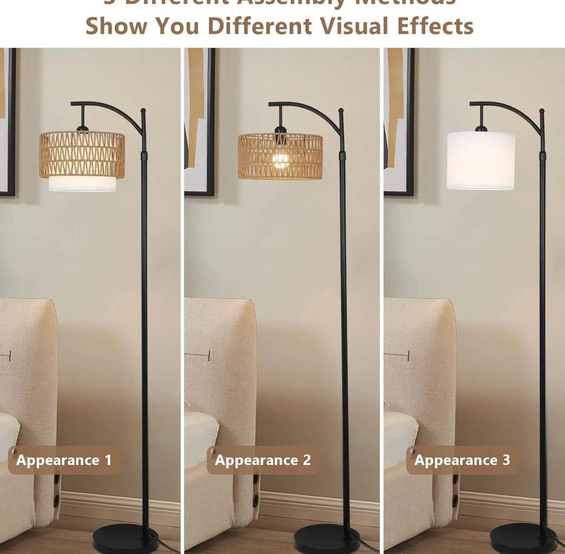 Walker Edison | Boho Arc Floor Lamp for Living Room with 3 Color Temperatures