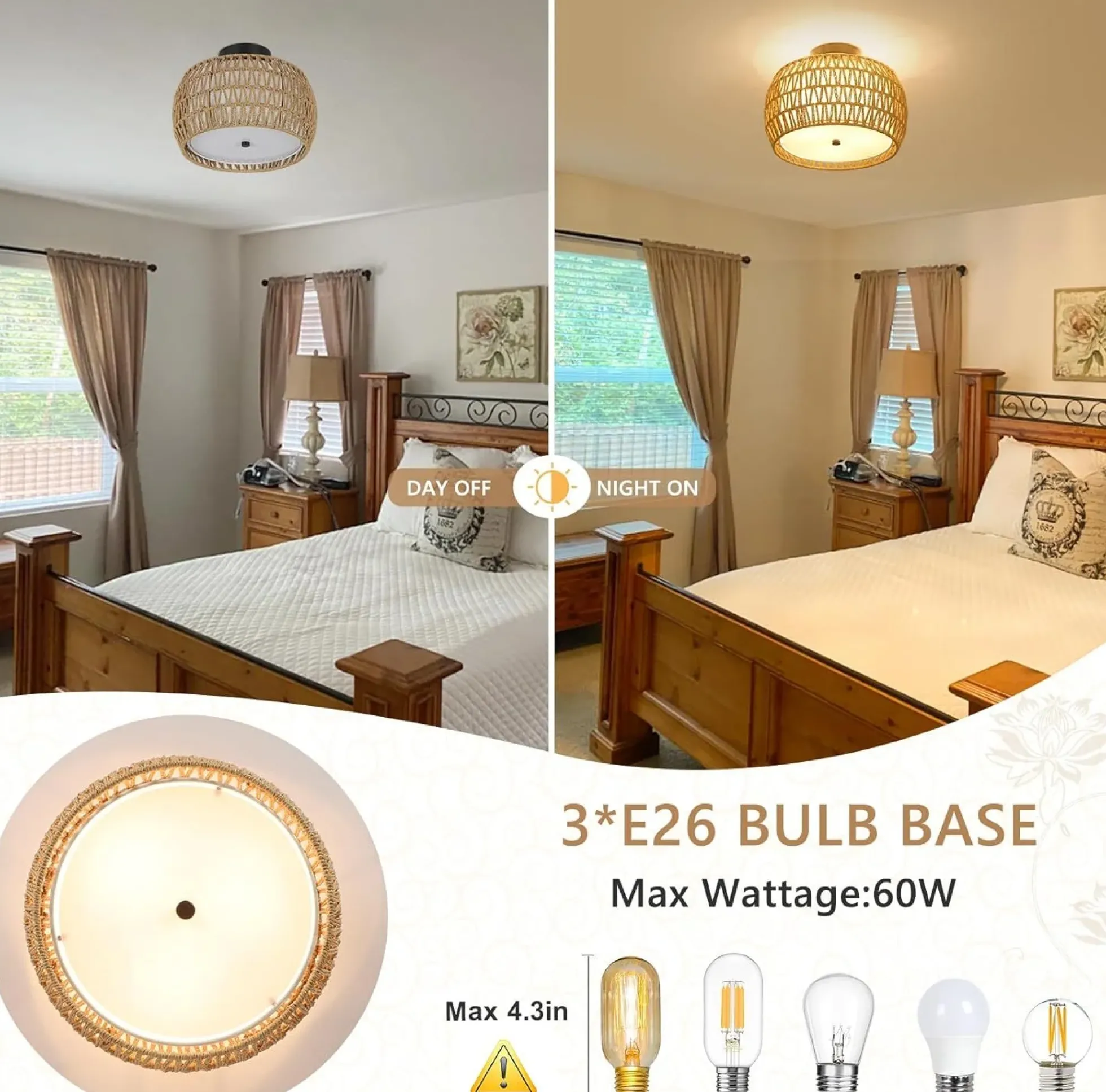 Walker Edison | Boho Rattan Flush Mount Ceiling Light