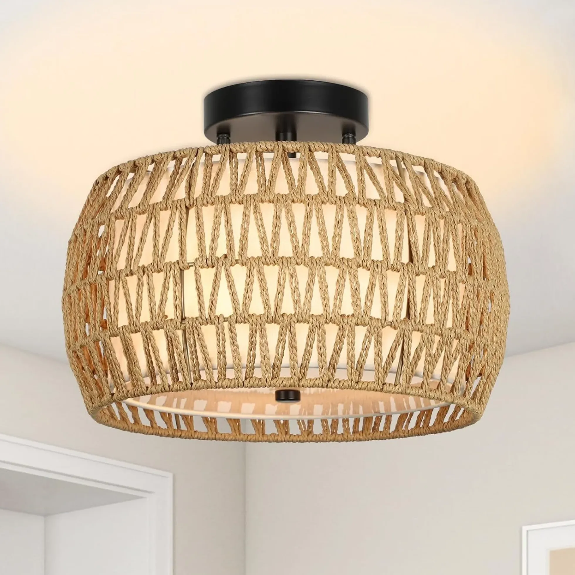 Walker Edison | Boho Rattan Flush Mount Ceiling Light