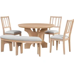 Walker Edison | Charming 5-Piece Rustic Round Dining Set with Chairs and Curved Bench