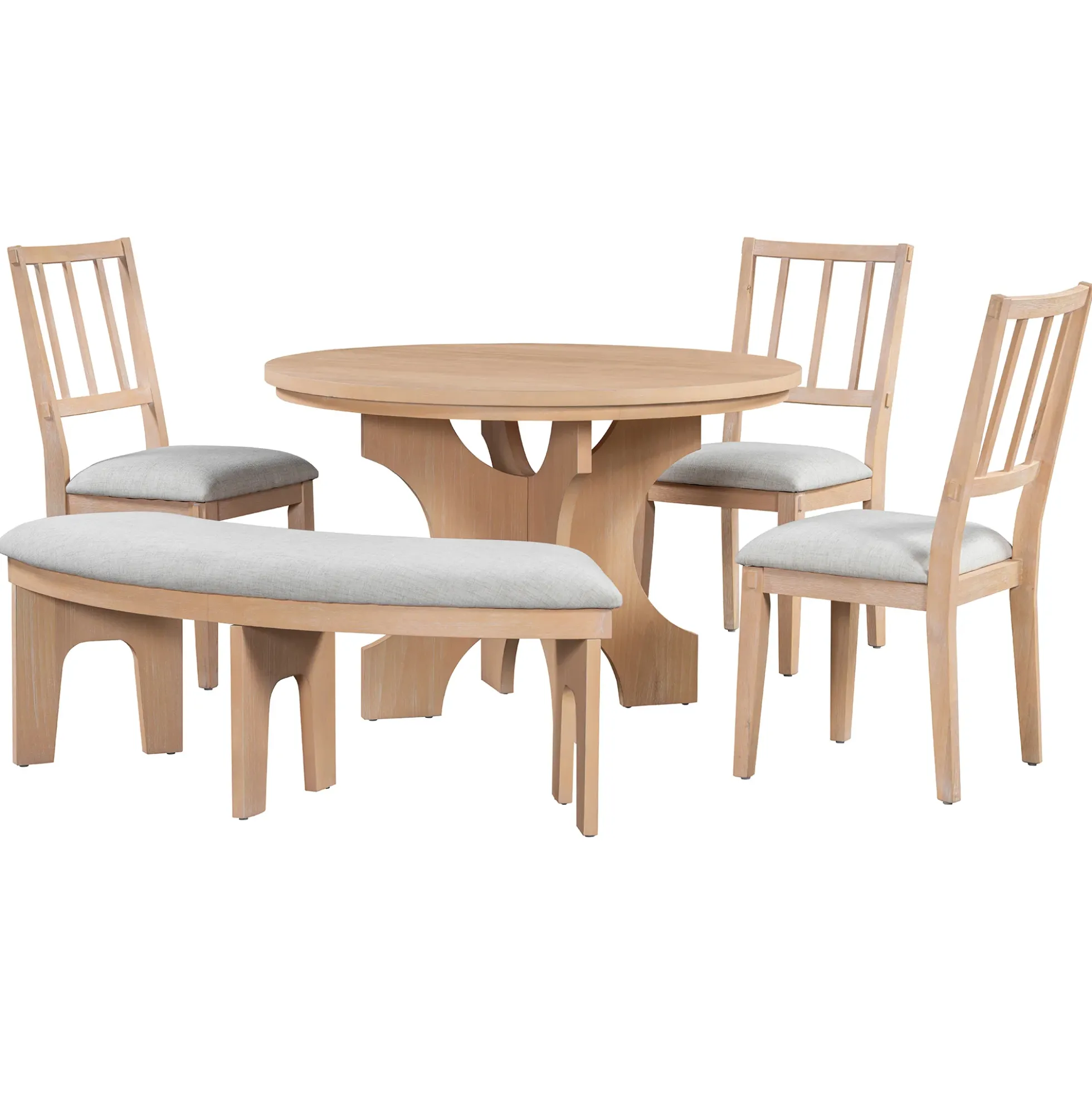 Walker Edison | Charming 5-Piece Rustic Round Dining Set with Chairs and Curved Bench