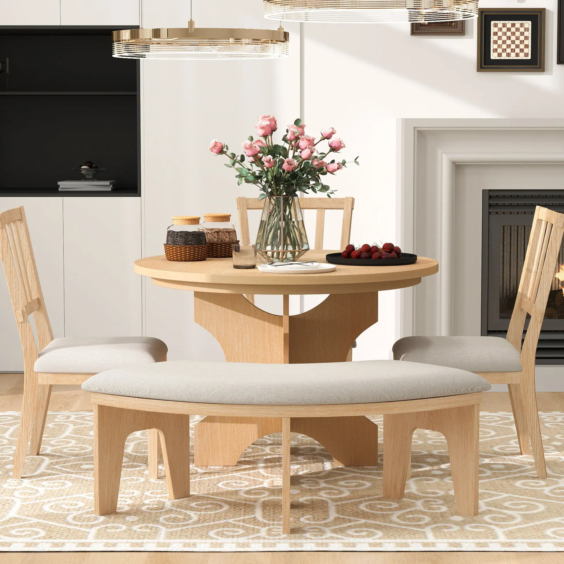 Walker Edison | Charming 5-Piece Rustic Round Dining Set with Chairs and Curved Bench