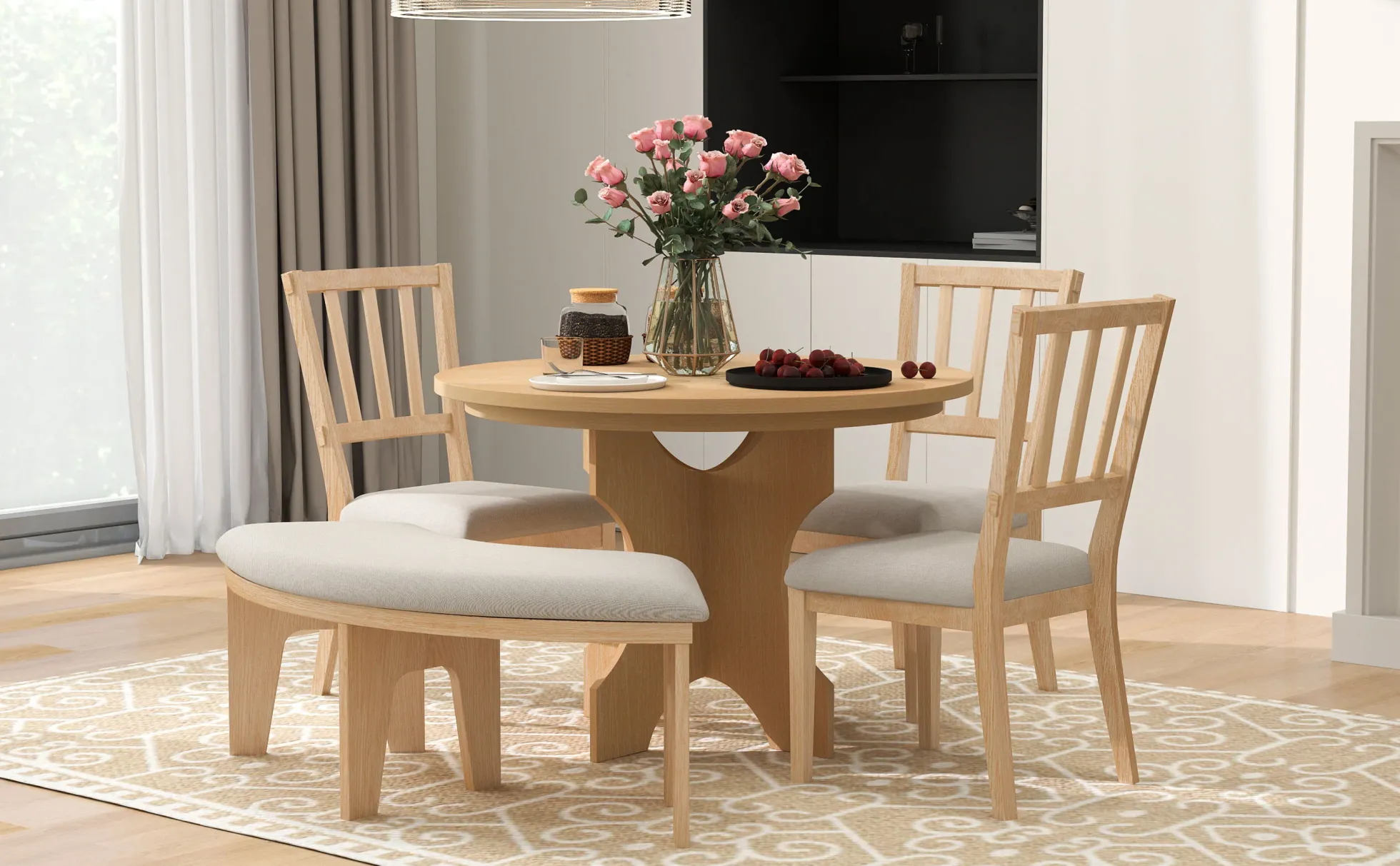 Walker Edison | Charming 5-Piece Rustic Round Dining Set with Chairs and Curved Bench