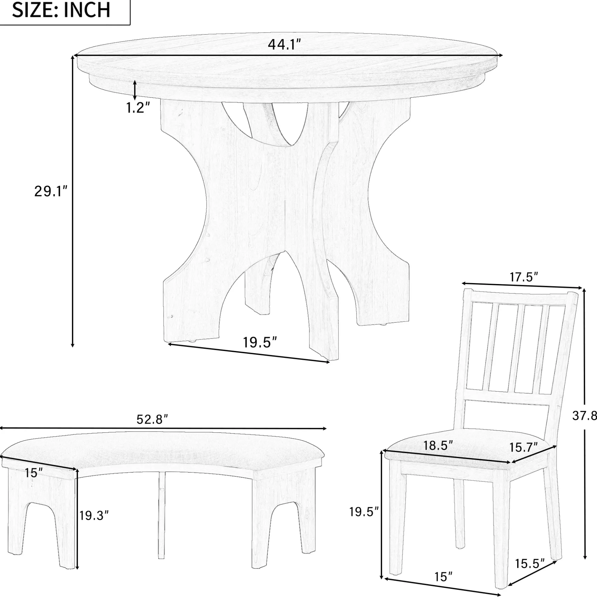 Walker Edison | Charming 5-Piece Rustic Round Dining Set with Chairs and Curved Bench