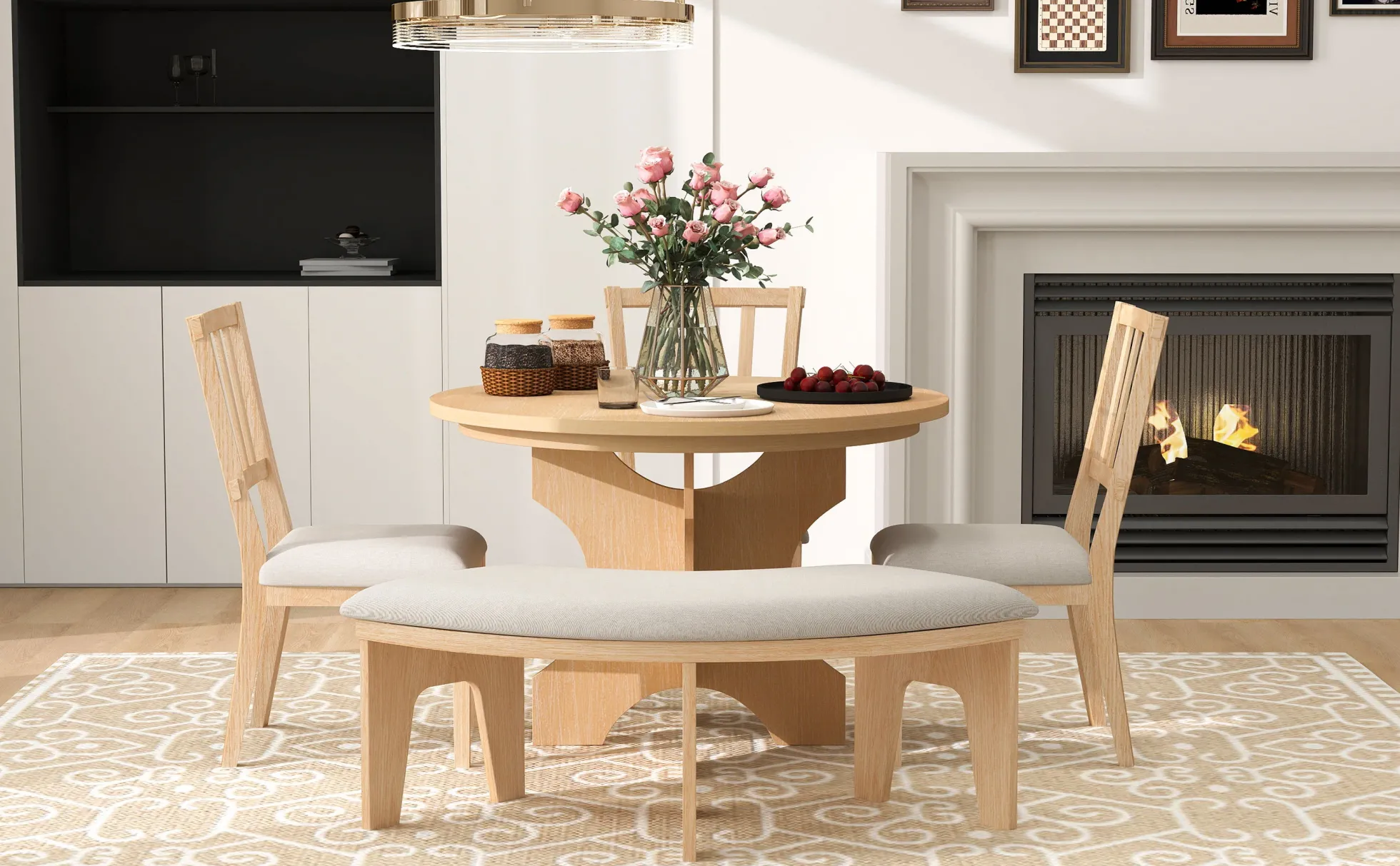 Walker Edison | Charming 5-Piece Rustic Round Dining Set with Chairs and Curved Bench