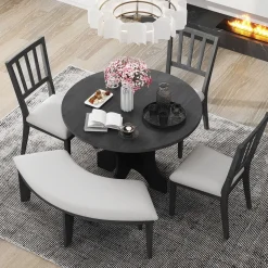 Walker Edison | Charming 5-Piece Rustic Round Dining Set with Chairs and Curved Bench