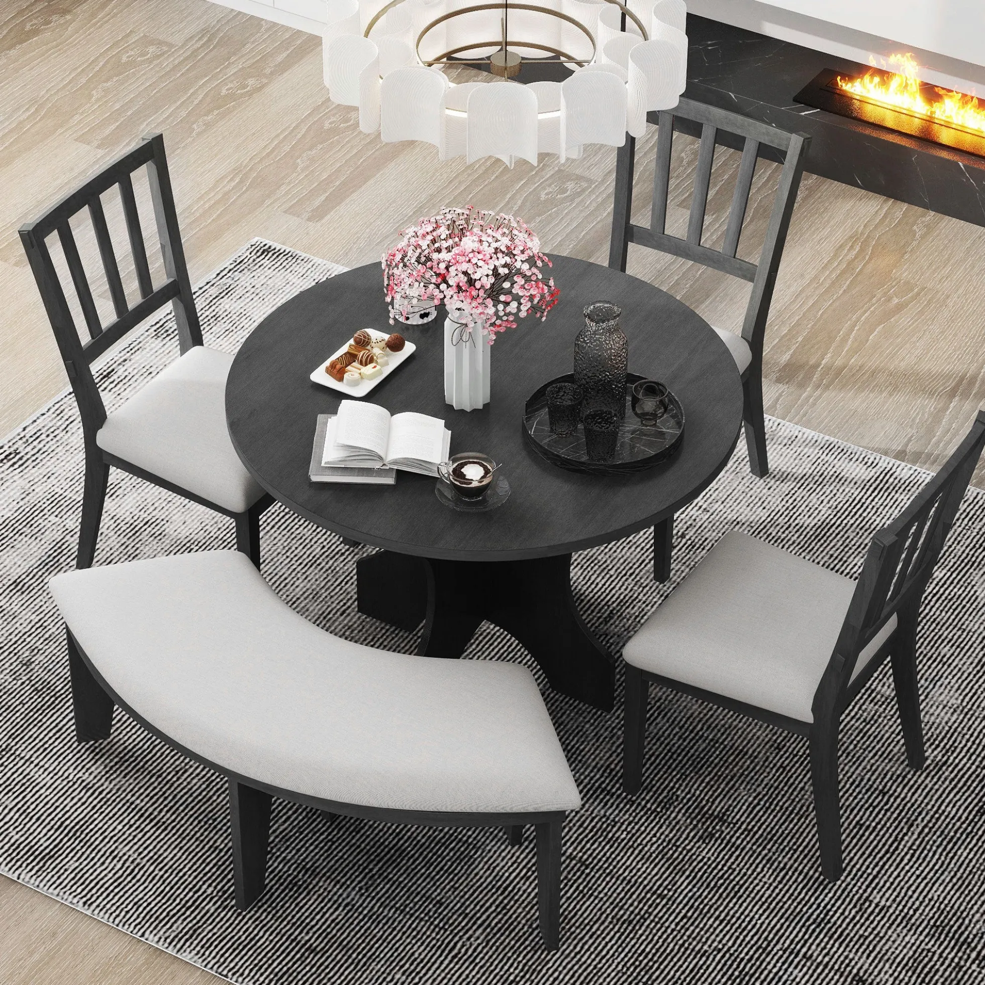 Walker Edison | Charming 5-Piece Rustic Round Dining Set with Chairs and Curved Bench