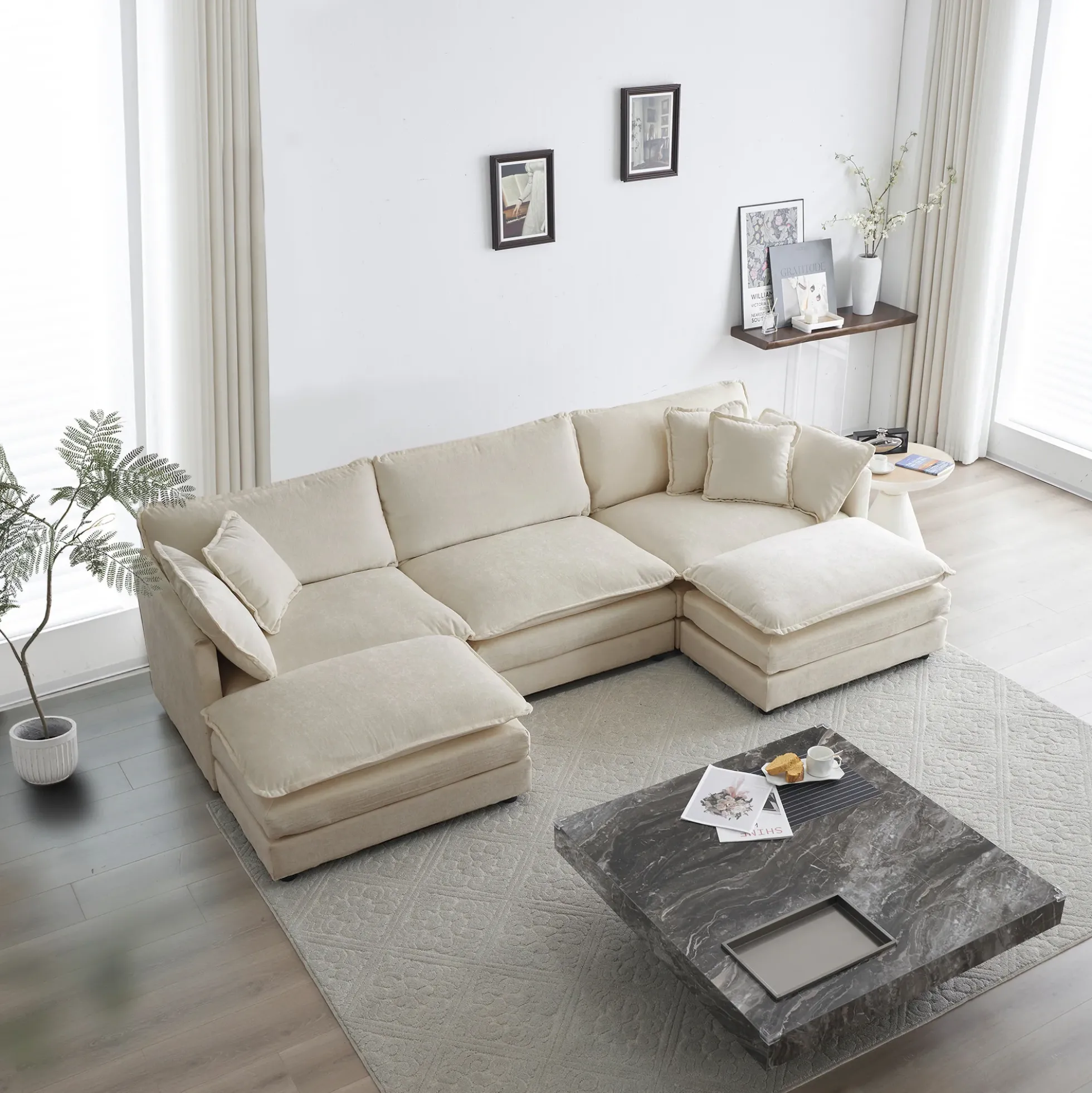 Walker Edison | Chenille Modular Cloud U-Shaped Sectional Sofa with Two Ottomans