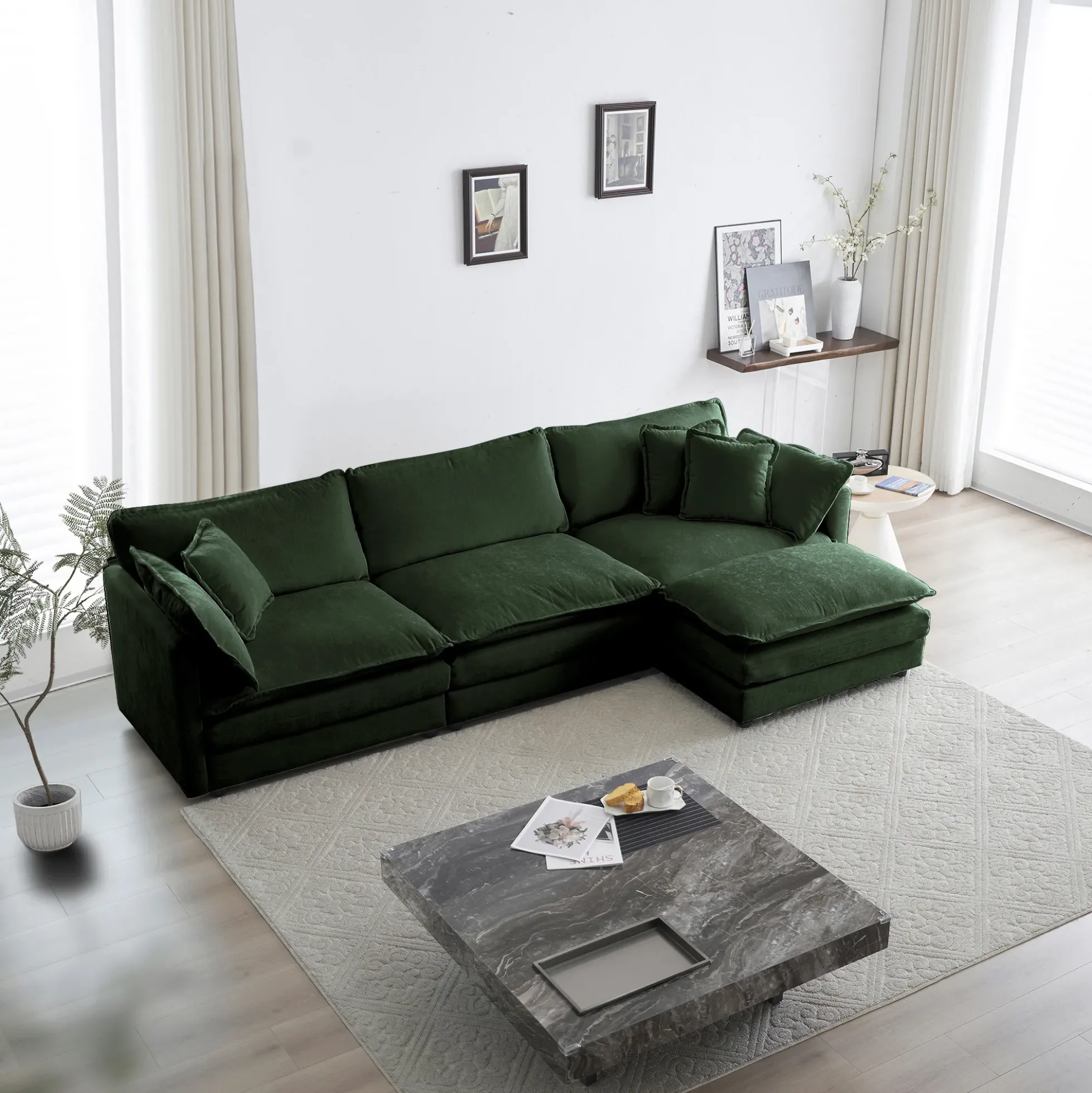 Walker Edison | Chenille Modular Cloud Couch with L-Shaped Sectional and Ottoman