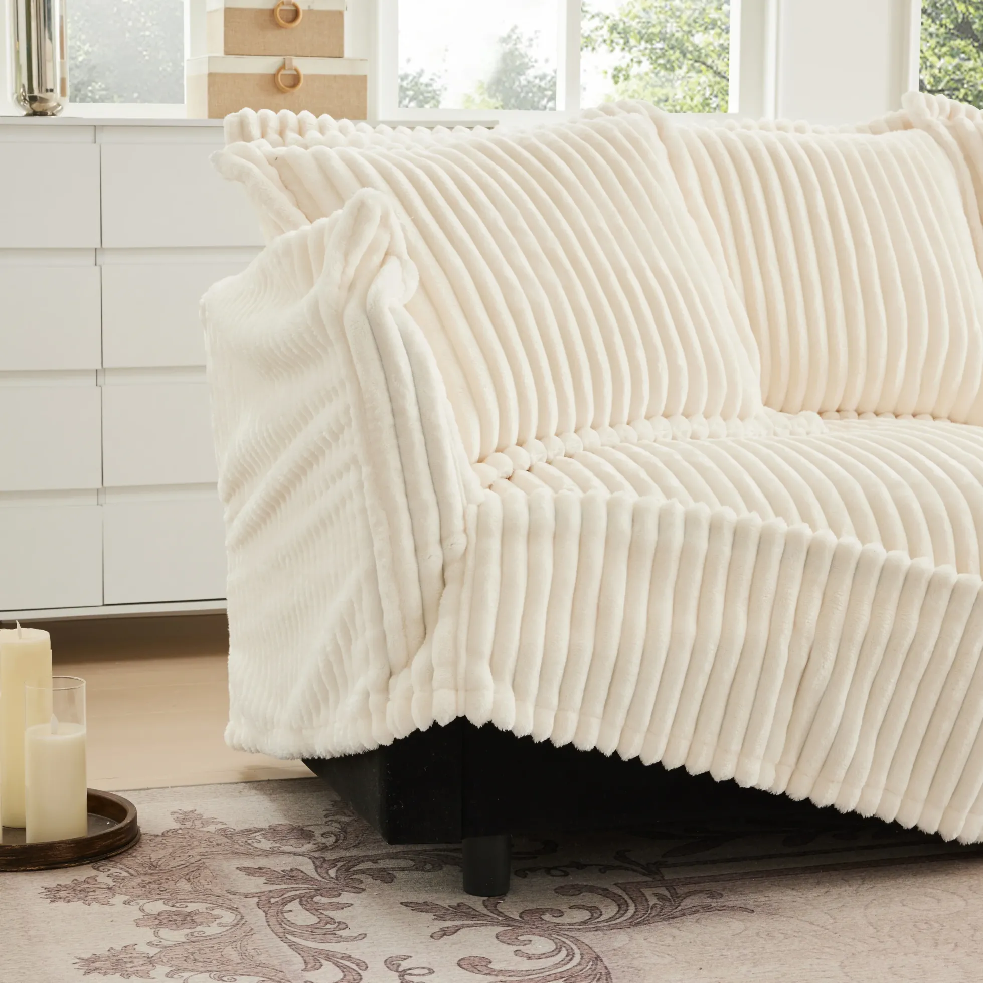 Walker Edison | Cloud Cream Corduroy Slipcovered Sectional Sofa with Ottoman