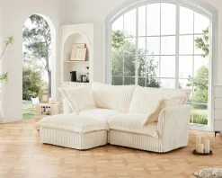 Walker Edison | Cloud Cream Corduroy Slipcovered Sectional Sofa with Ottoman