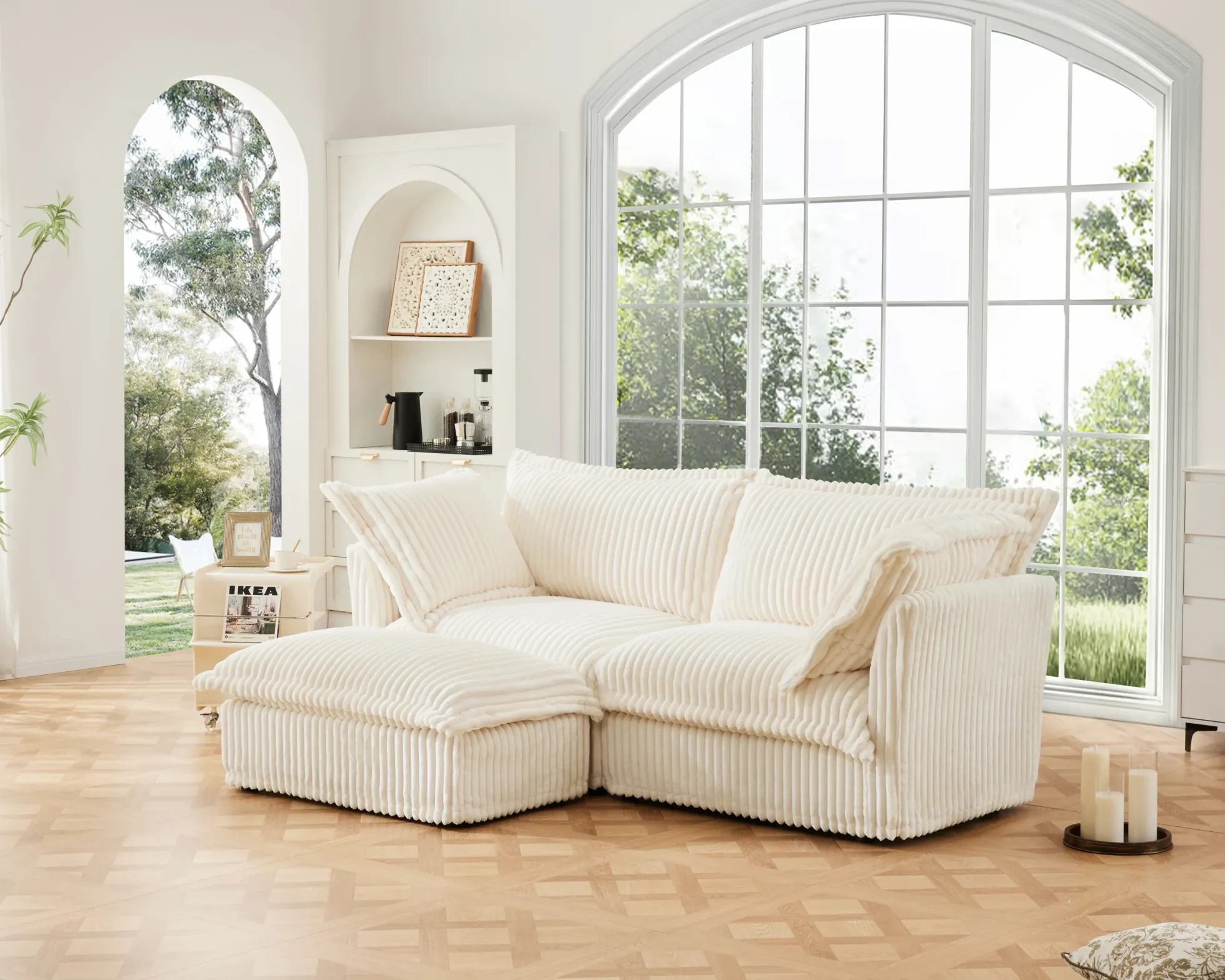 Walker Edison | Cloud Cream Corduroy Slipcovered Sectional Sofa with Ottoman