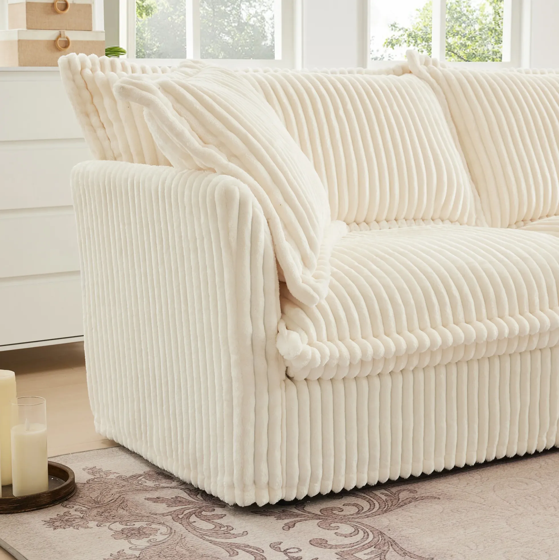 Walker Edison | Cloud Cream Corduroy Slipcovered Sectional Sofa with Ottoman