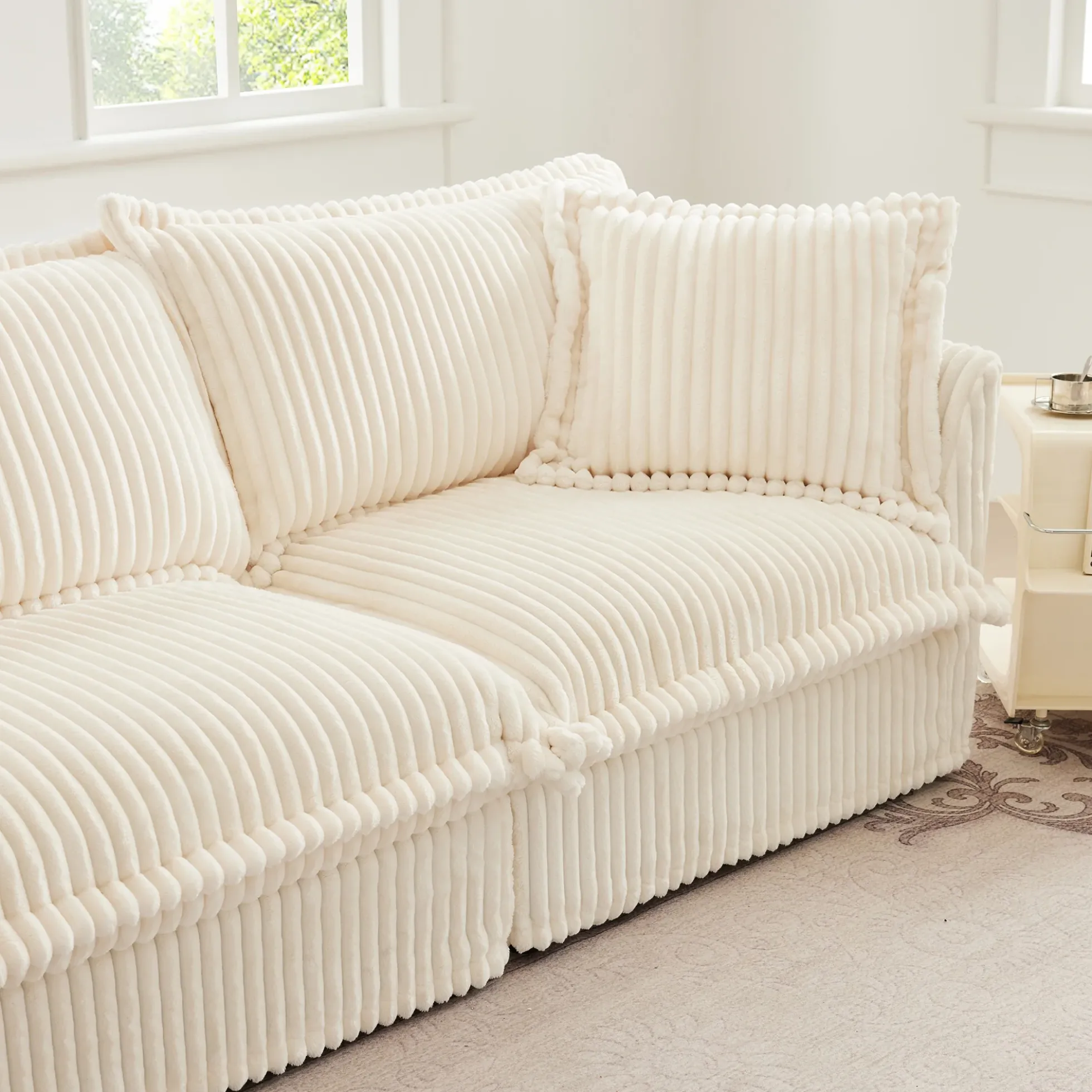 Walker Edison | Cloud Cream Corduroy Slipcovered Sectional Sofa with Ottoman