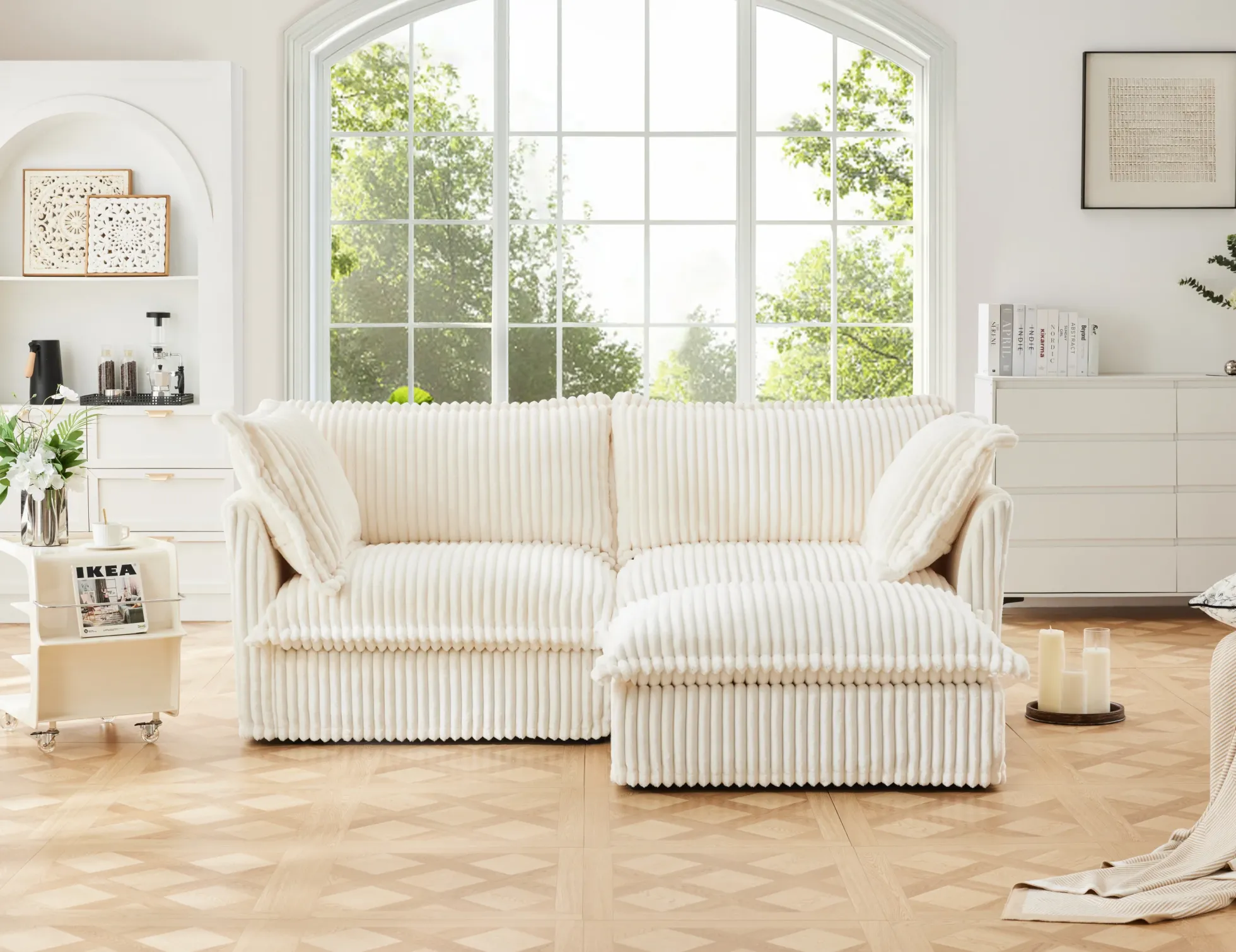 Walker Edison | Cloud Cream Corduroy Slipcovered Sectional Sofa with Ottoman