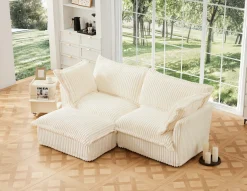 Walker Edison | Cloud Cream Corduroy Slipcovered Sectional Sofa with Ottoman