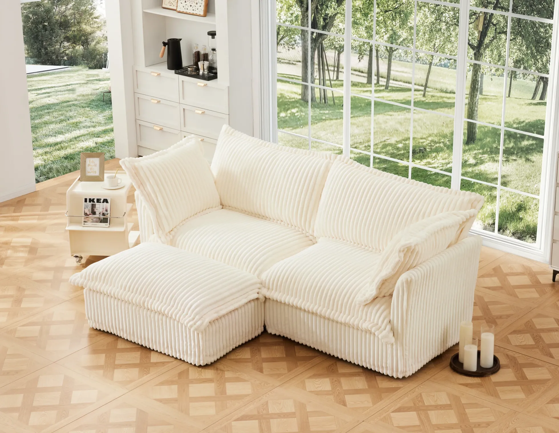 Walker Edison | Cloud Cream Corduroy Slipcovered Sectional Sofa with Ottoman