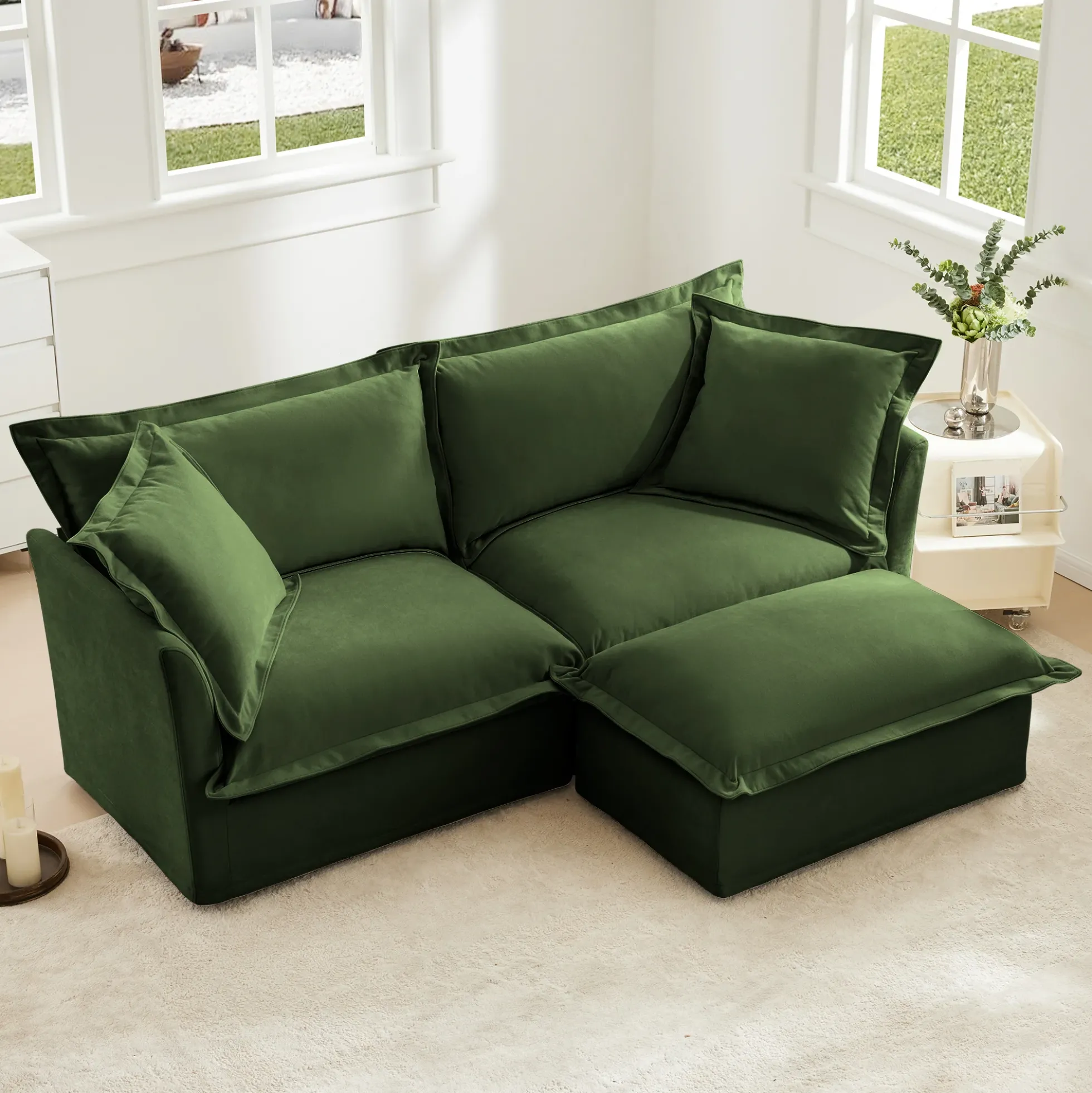 Walker Edison | Cloud Slipcovered Loveseat Sectional with Ottoman
