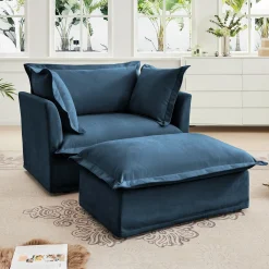 Walker Edison | Cloud Slipcovered Blue Armchair with Ottoman