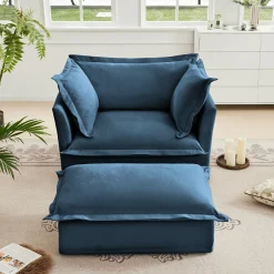 Walker Edison | Cloud Slipcovered Blue Armchair with Ottoman