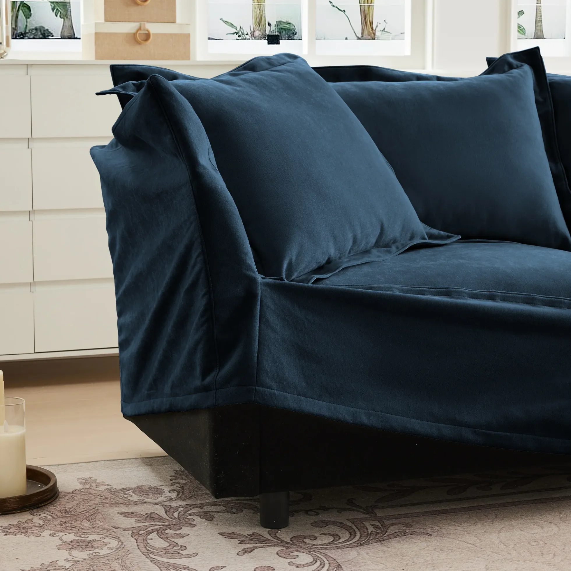 Walker Edison | Cloud Slipcovered Blue Armchair with Ottoman
