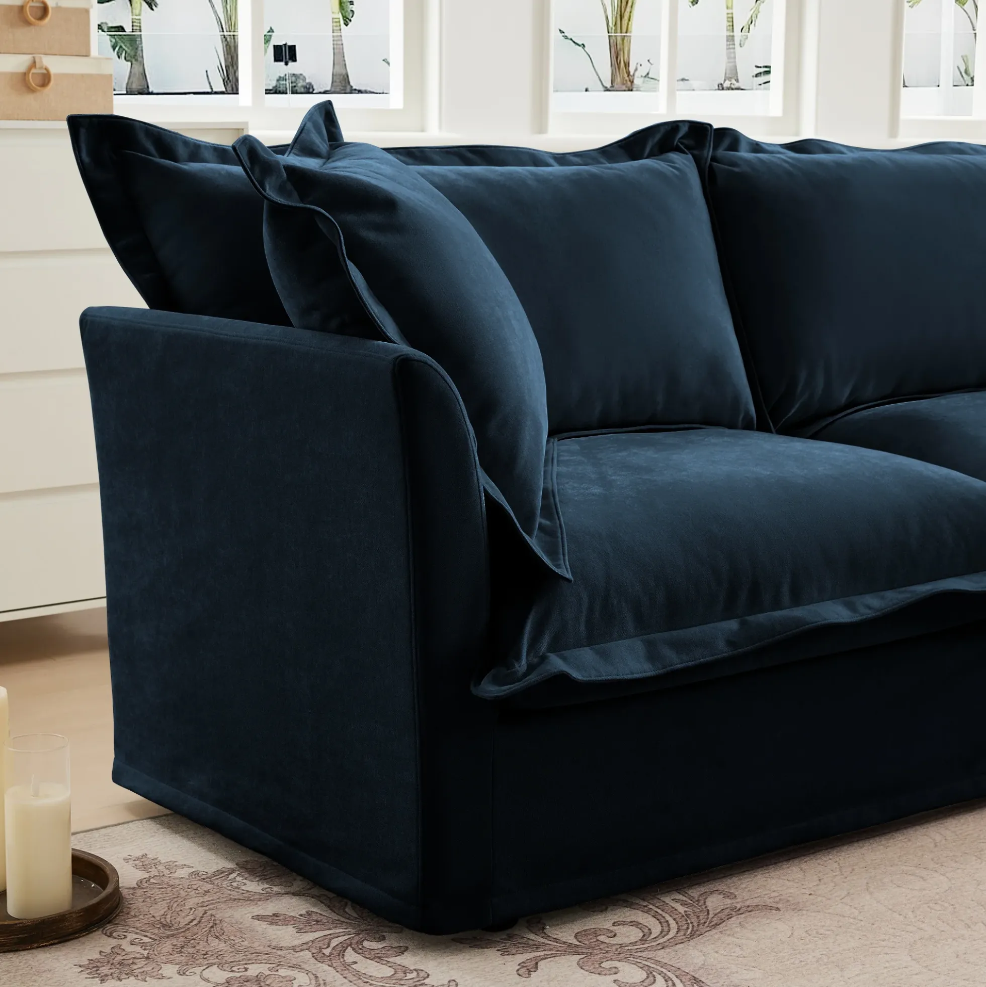 Walker Edison | Cloud Slipcovered Blue Armchair with Ottoman