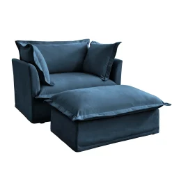 Walker Edison | Cloud Slipcovered Blue Armchair with Ottoman