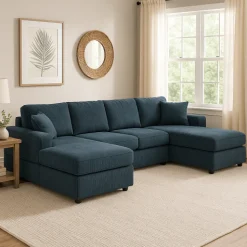 Walker Edison | Coastal Teal Corduroy Double Chaise Cloud Sectional Sofa